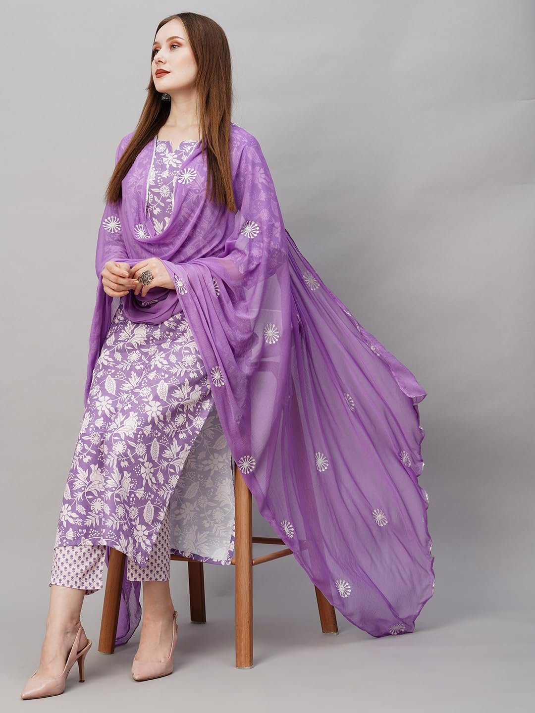 GoSriKi Women's Cotton Blend Floral Straight Kurta with Pant & Dupatta (MEI Purple-NW-GS X-Large) - Image 3