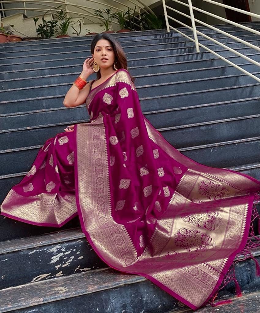 C J Enterprise Women's Banarasi Silk Saree Pure Soft Kanjivaram Sari Party Design Wear Pattu Sarees Latest Cotton With Blouse Piece For Wedding Sadi New Ladies 2026 500 collection 1000 (Pari122 Wine) - Image 4