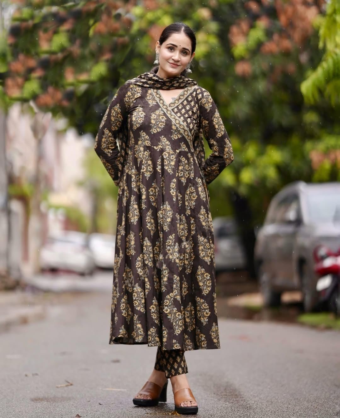 Nermosa Women Printed Angarakha Flared Kurta and Pant Set with Dupatta (IN, Alpha, S, Brown) - Image 5