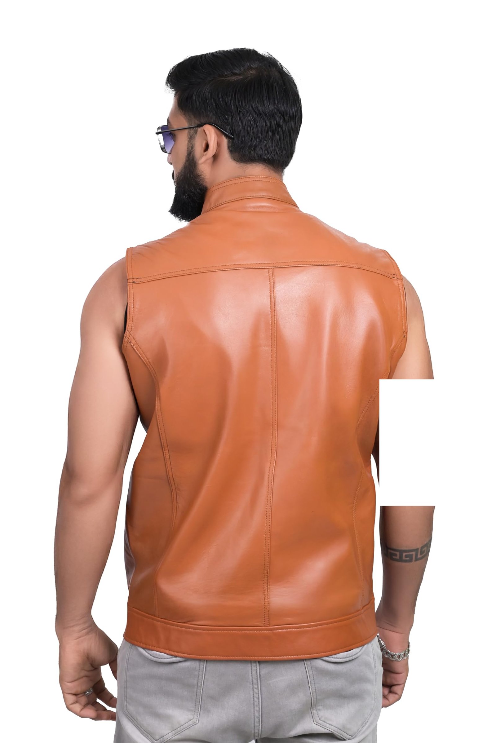 Leather Sleeveless Jacket For Man, Slim Fit Biker Jacket With Quilted Soldier for Men with Zip Closure and Side Pockets, Stylish Winter Wear Casual Outerwear for Men (Tan, FHJKT038_XL)