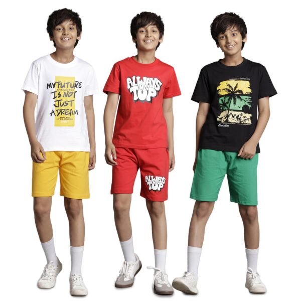 T2F Boy's Printed Cotton Regular Fit Tshirt and Shorts Set (Pack of 3) dress material - Shoppermaart