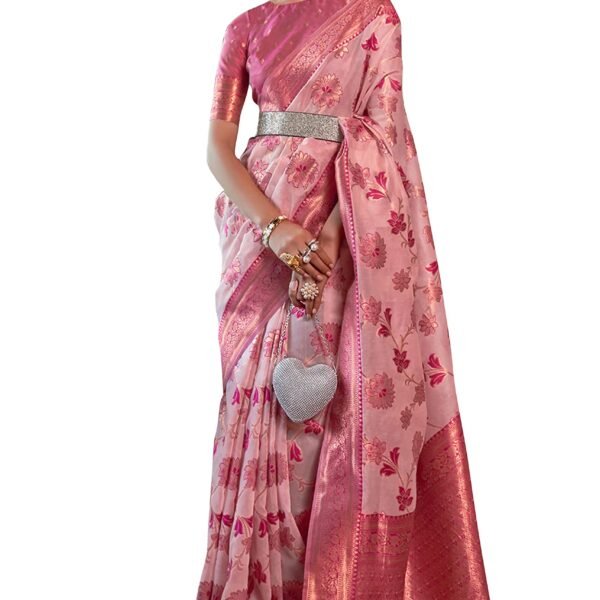 SWORNOF Womens Kanjivaram Banarasi Silk Saree Patola saree with Unstitched blouse piece (PINK) dress material - Shoppermaart