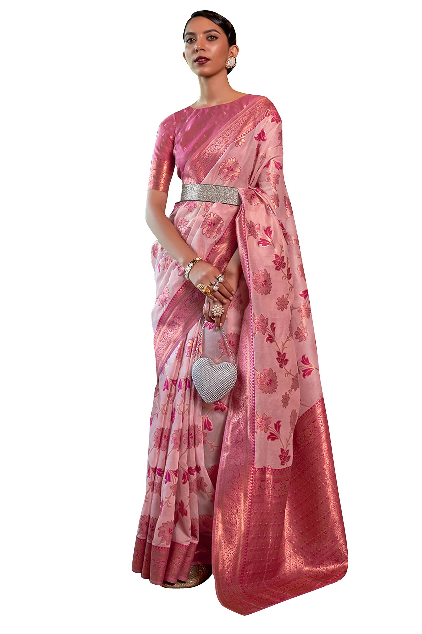 SWORNOF Womens Kanjivaram Banarasi Silk Saree Patola saree with Unstitched blouse piece (PINK) dress material - Shoppermaart
