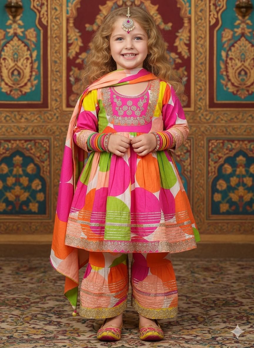 A.T.U.N. (ALL THINGS UBER NICE) Girls Cotton Big Polka Printed Gotta Work Sharara Set for Girls | Flared Kurta, Sharara with Dupatta Set | Festive Clothing Set