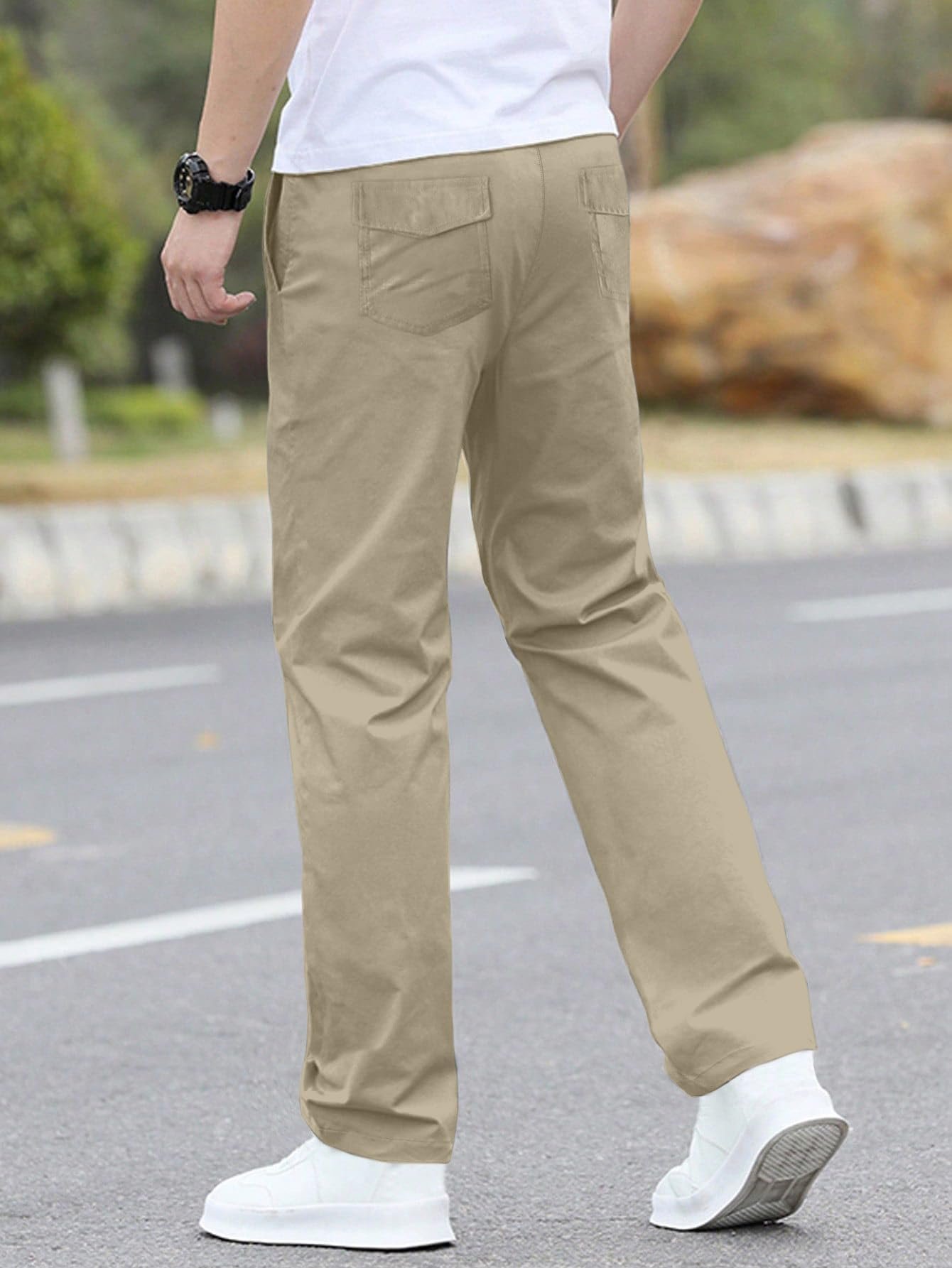 Aahwan Men's Mid Rise Solid Drawstring Relaxed Fit Straight Leg Pants (283-Khaki-34) - Image 8