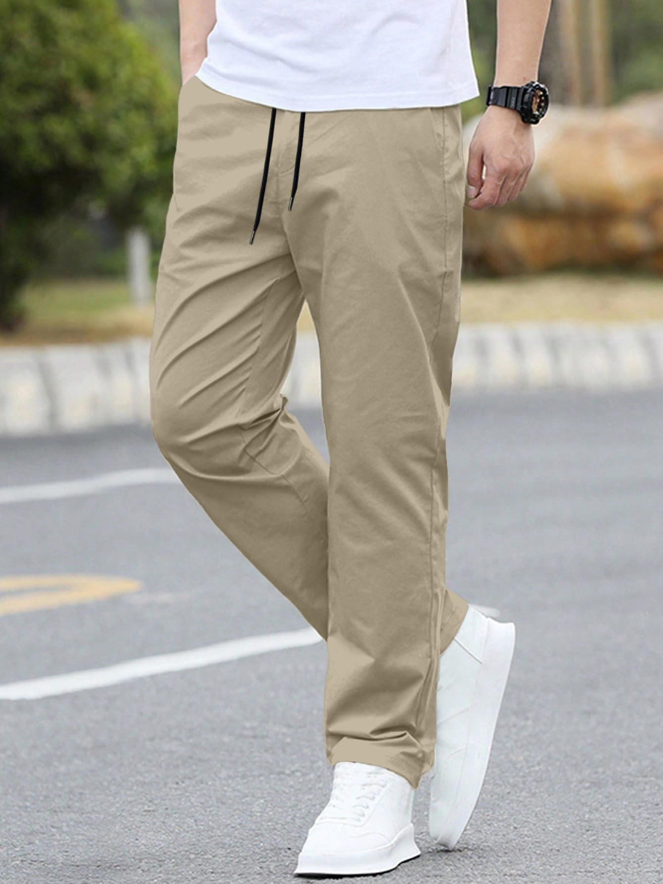 Aahwan Men's Mid Rise Solid Drawstring Relaxed Fit Straight Leg Pants (283-Khaki-34) - Image 6