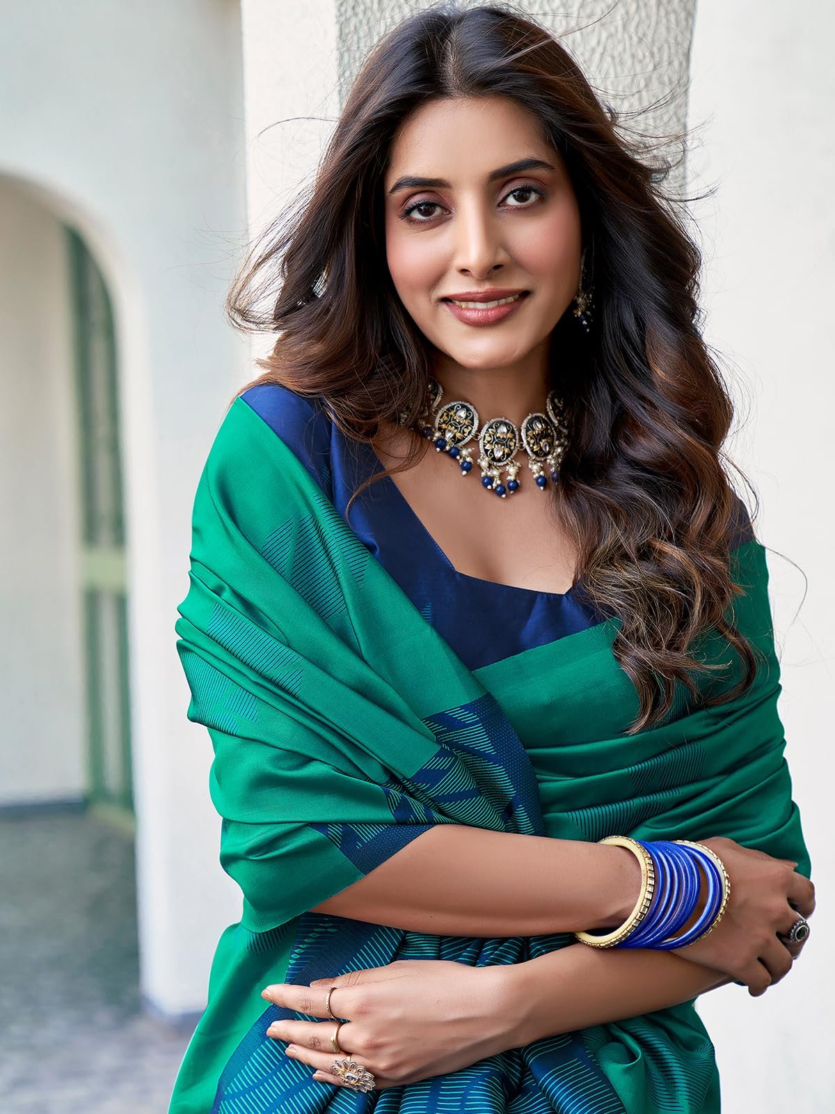 SAMAH Women’s Banarasi Silk Jacquard Saree with Unstitched Blouse Piece (3697S120N_Teal Green2)