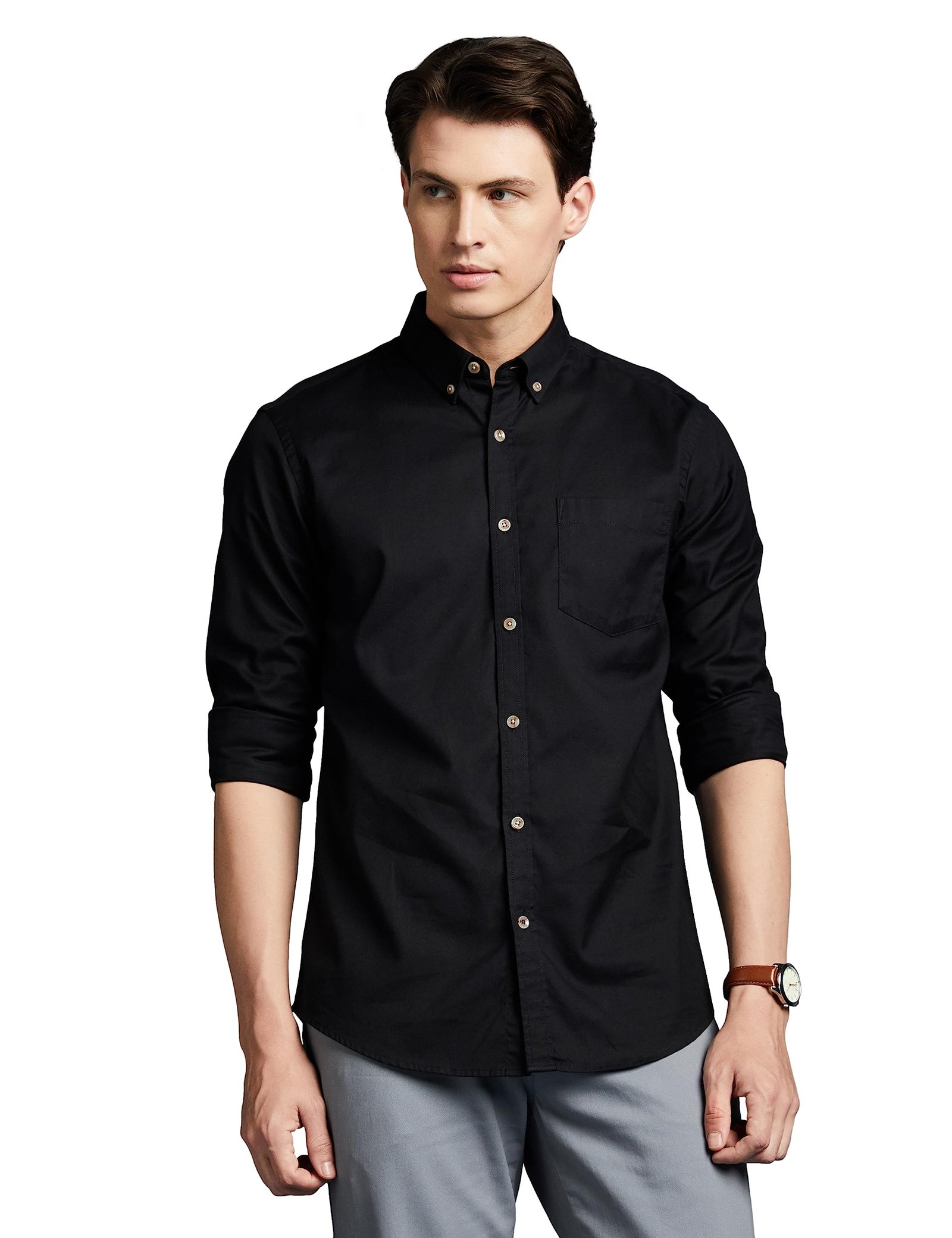 Symbol Premium Men's Stylish Solid All Day Fresh Buttondown Casual Shirt - Regular Fit|Plain|Full Sleeve|Cotton Semi Formal Wear (Available in Plus Size & Combo Pack, Black_L) dress material - Shoppermaart