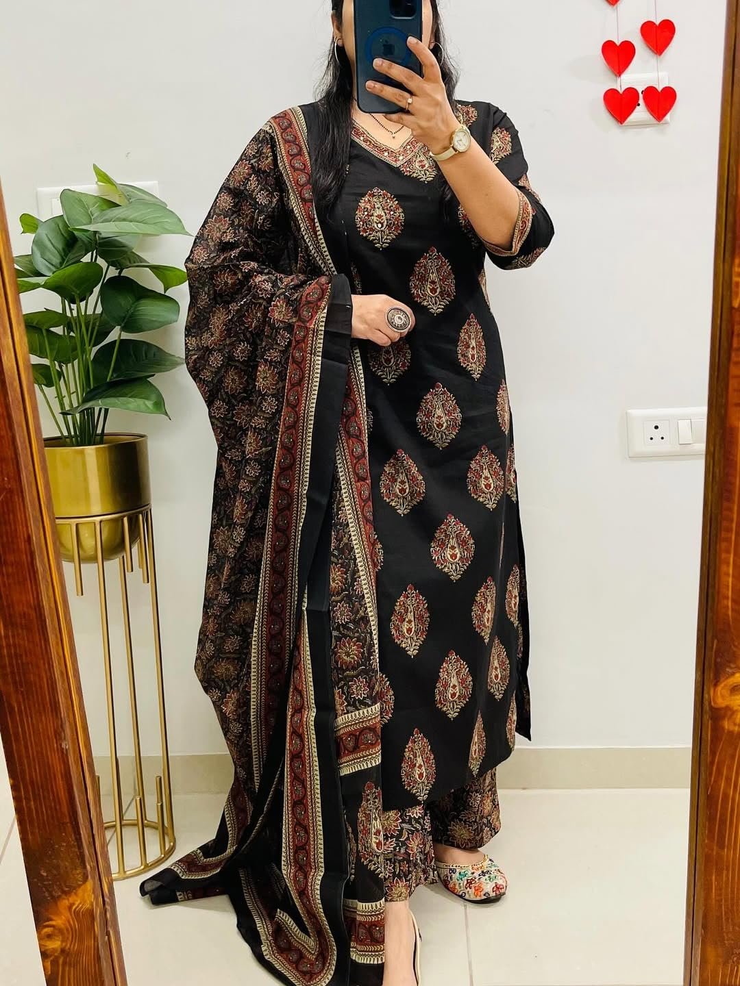 Rangnavi Women’s Cotton Trending Straight Kurta with Pants and Dupatta Set | Ethnic Set (Black)