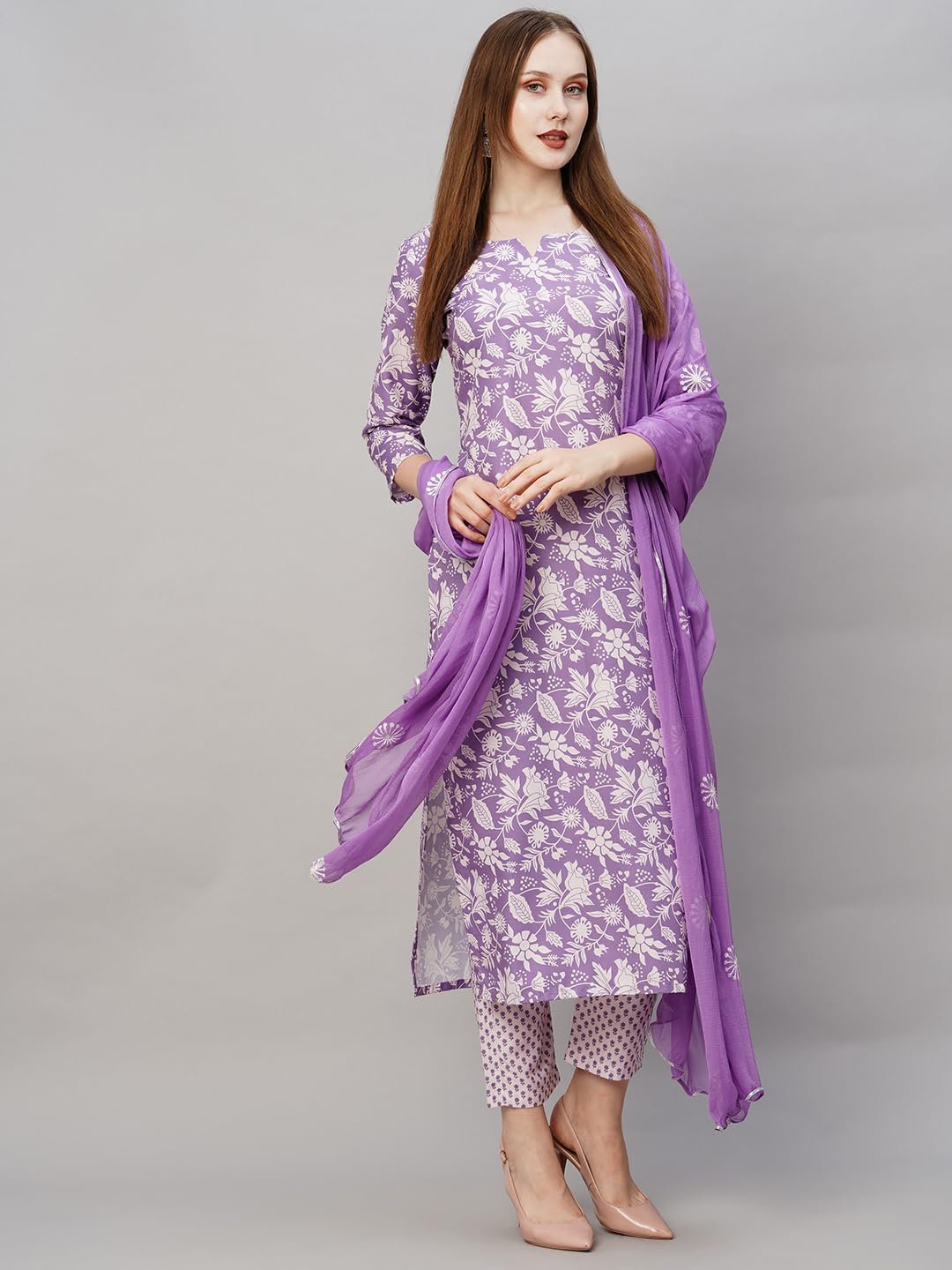 GoSriKi Women's Cotton Blend Floral Straight Kurta with Pant & Dupatta (MEI Purple-NW-GS X-Large) - Image 6