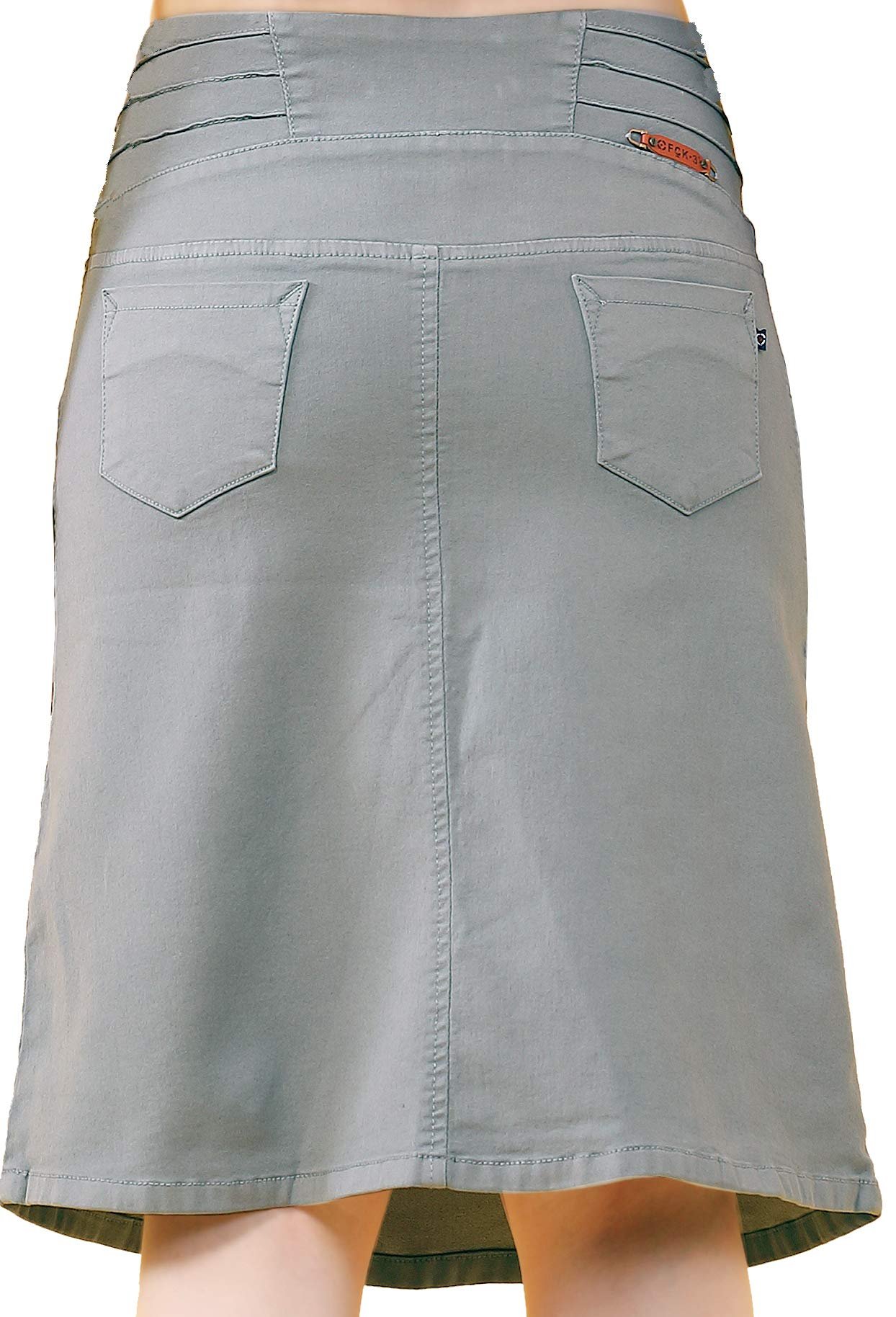 FCK-3 Stretchable Denim Light Grey Color Embroidered Broad Waist Band Four Buttoned Lightly Faded Skirt for Women-28