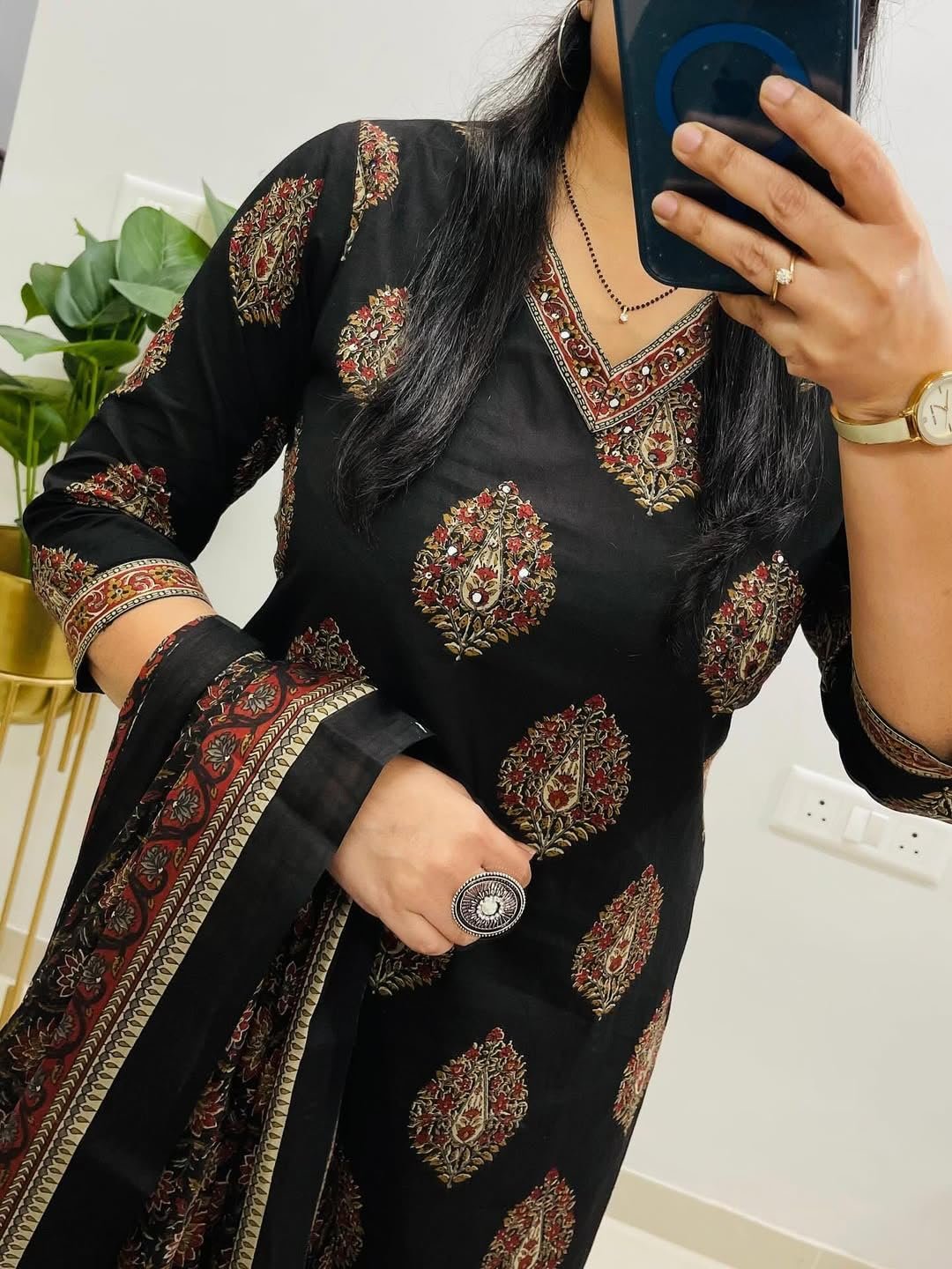 Rangnavi Women's Cotton Trending Straight Kurta with Pants and Dupatta Set | Ethnic Set (Black) - Image 3