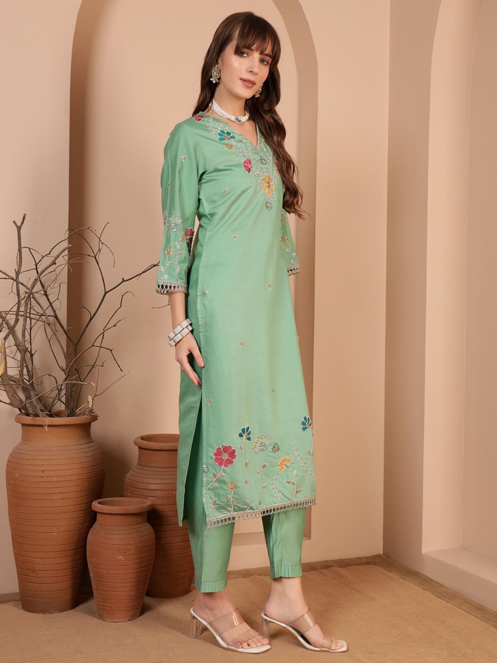 SHOPPING QUEEN Women's Viscose Embroidered Kurta Set with Dupatta (A650_Mint Green_M) - Image 7