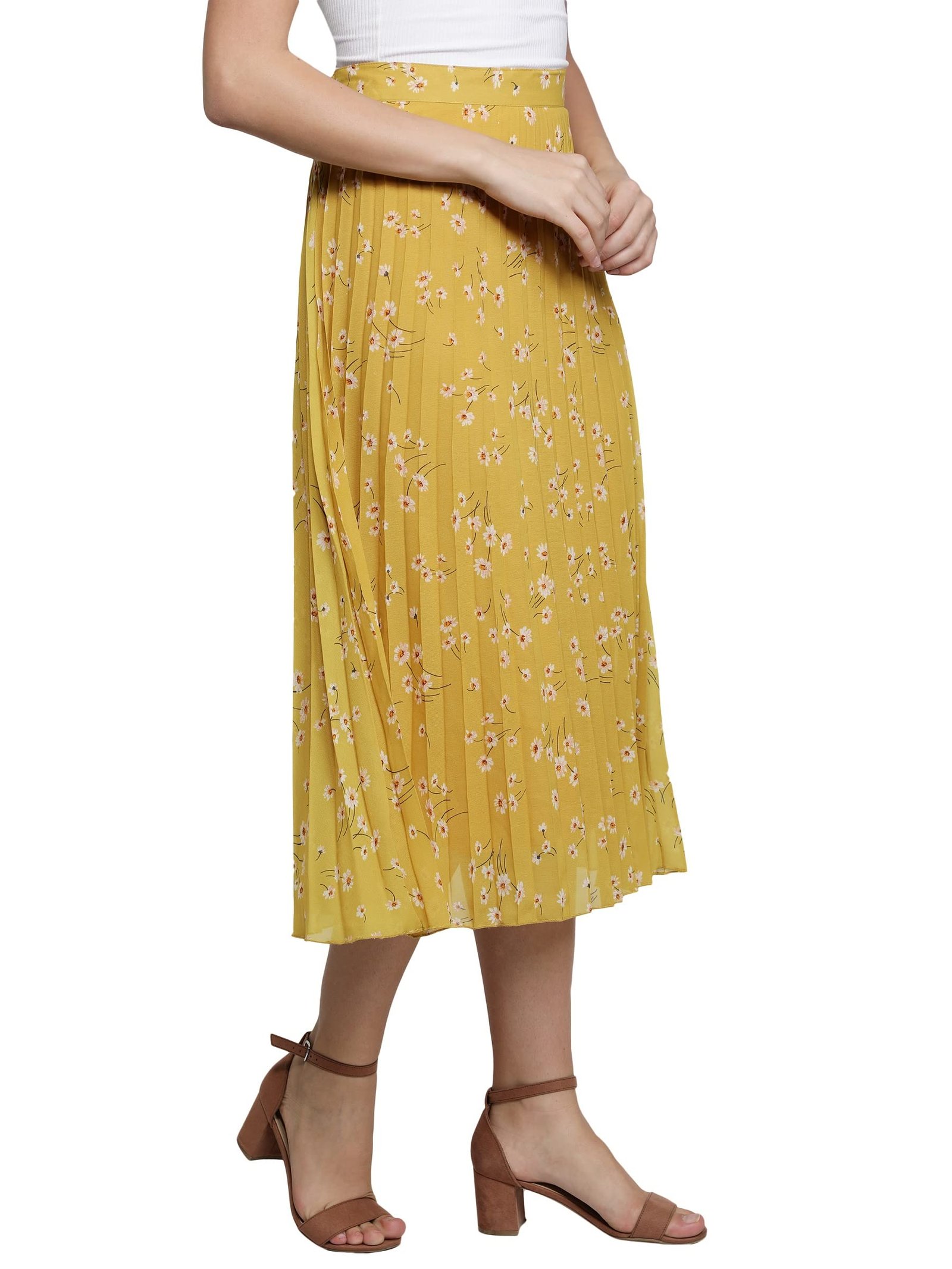 NUEVOSDAMAS Women Floral Printed Skirt | Stylish A- Line Pleated Skirt | Party Casual Calf Length Skirt (Large, Pleated Yellow) - Image 6