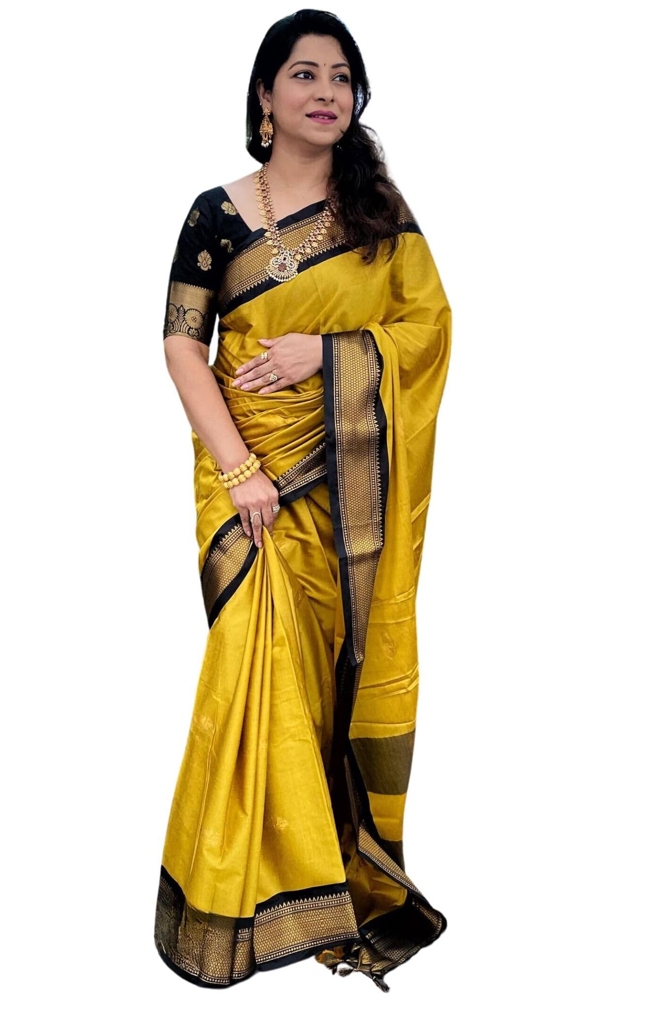 SGF11 Women's Kanjivaram Soft Lichi Silk Saree With Blouse Piece (Yellow Black) dress material - Shoppermaart