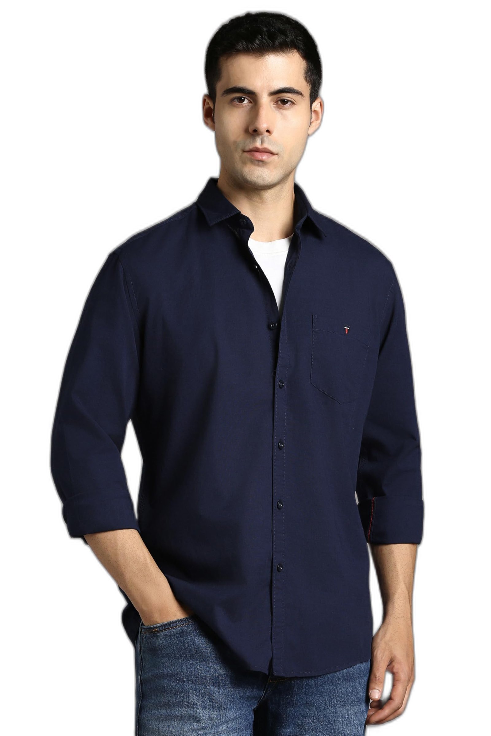 Louis Philippe Men Navy Solid Full Sleeves Casual Shirt dress material - Shoppermaart