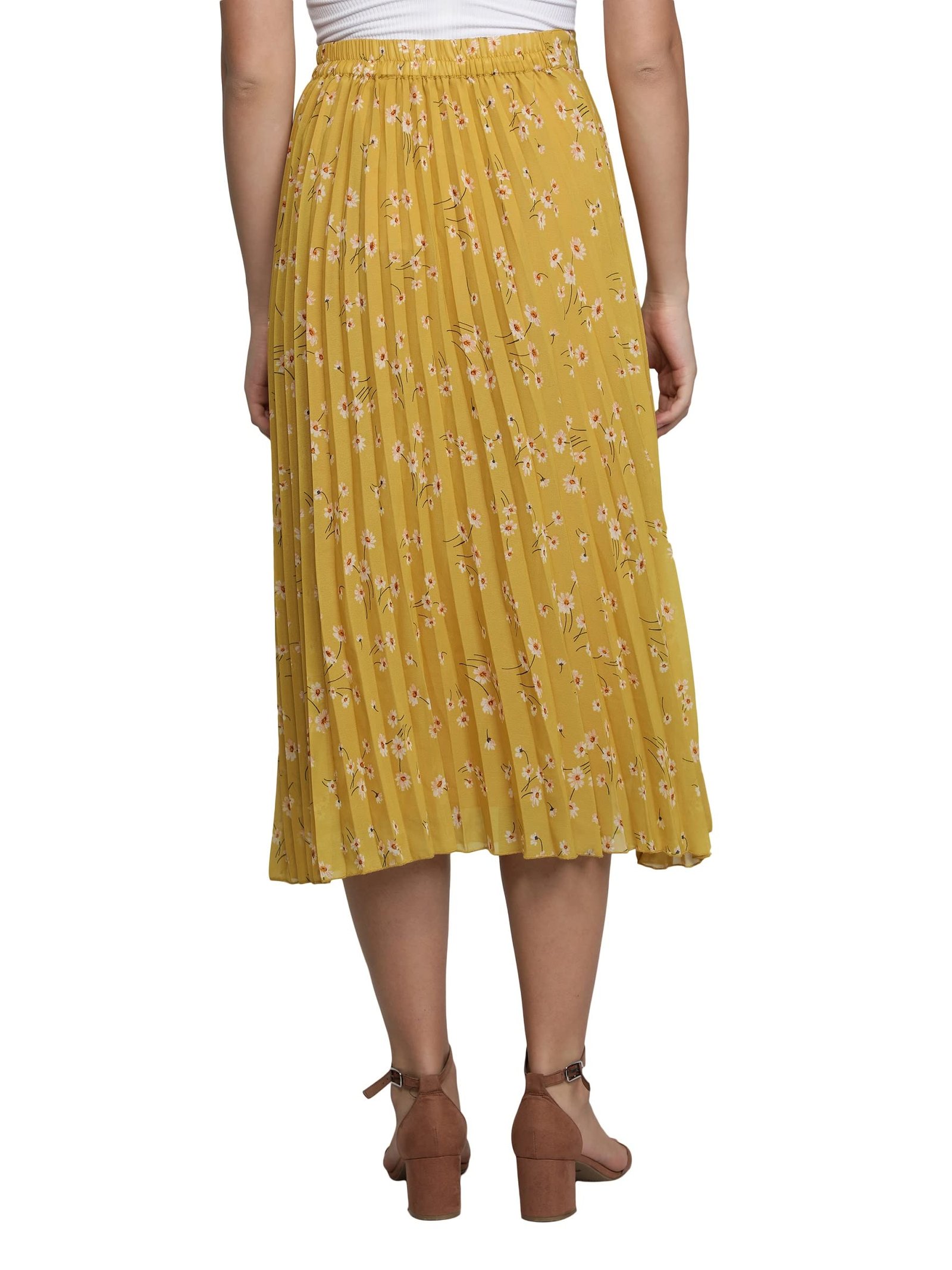 NUEVOSDAMAS Women Floral Printed Skirt | Stylish A- Line Pleated Skirt | Party Casual Calf Length Skirt (Large, Pleated Yellow) - Image 8