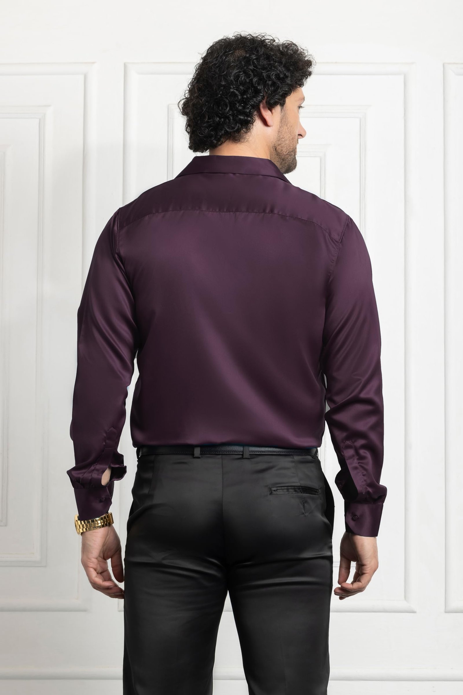 CVC Mens Satin Regular Fit Formal Shirt. Wine Purple-L - Image 6
