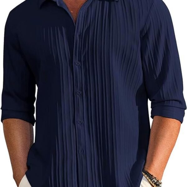CB-COLEBROOK Men's Casual Button Down Shirts Long Sleeve Linen Shirt Fashion Textured Beach Summer Shirt (in, Alpha, L, Regular, Navy Blue) dress material - Shoppermaart