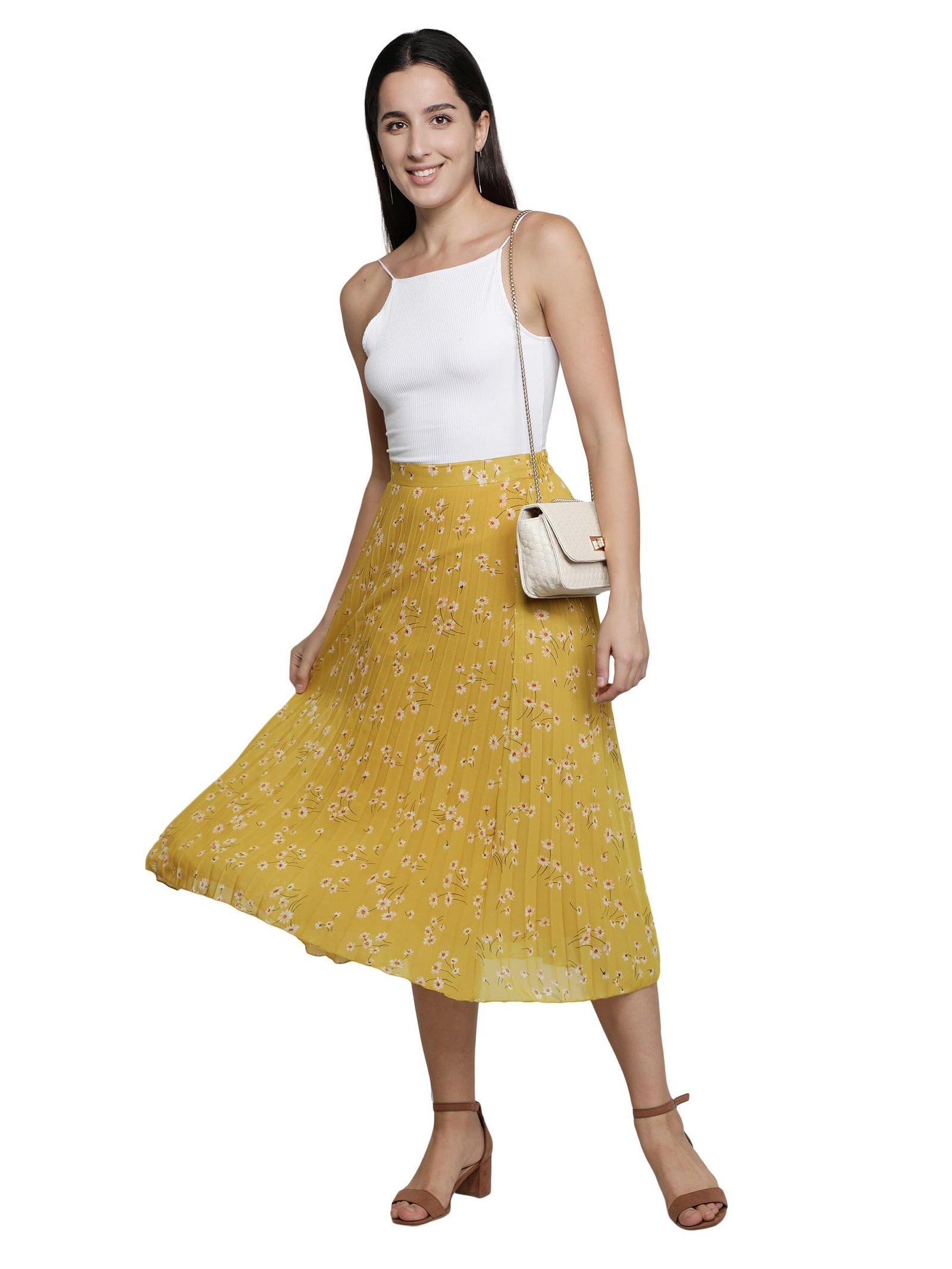 NUEVOSDAMAS Women Floral Printed Skirt | Stylish A- Line Pleated Skirt | Party Casual Calf Length Skirt (Large, Pleated Yellow) - Image 4