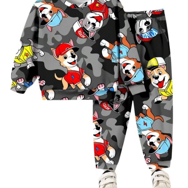 URBAN OX Kids Cartoon Puppy Print Sweatshirt and Joggers Set, Grey Camouflage Pattern, Casual Wear (Black, 5 Years-6 Years) dress material - Shoppermaart