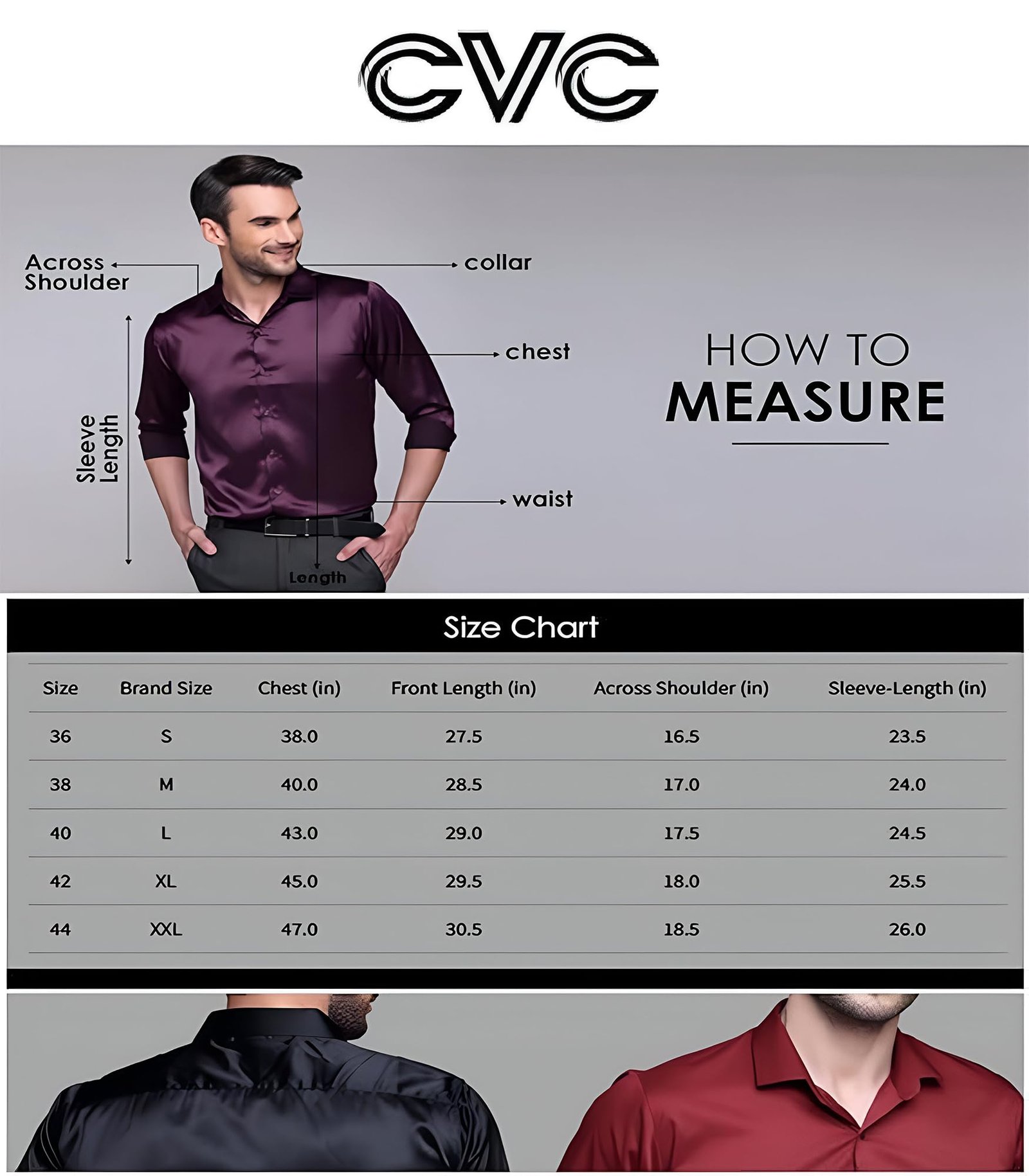 CVC Mens Satin Regular Fit Formal Shirt. Wine Purple-L - Image 3