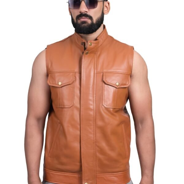 Leather Sleeveless Jacket For Man, Slim Fit Biker Jacket With Quilted Soldier for Men with Zip Closure and Side Pockets, Stylish Winter Wear Casual Outerwear for Men (Tan, FHJKT038_XL) dress material - Shoppermaart