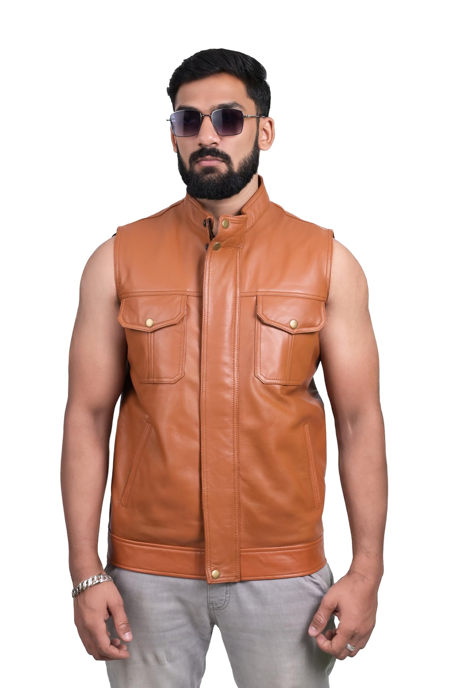 Leather Sleeveless Jacket For Man, Slim Fit Biker Jacket With Quilted Soldier for Men with Zip Closure and Side Pockets, Stylish Winter Wear Casual Outerwear for Men (Tan, FHJKT038_XL) dress material - Shoppermaart