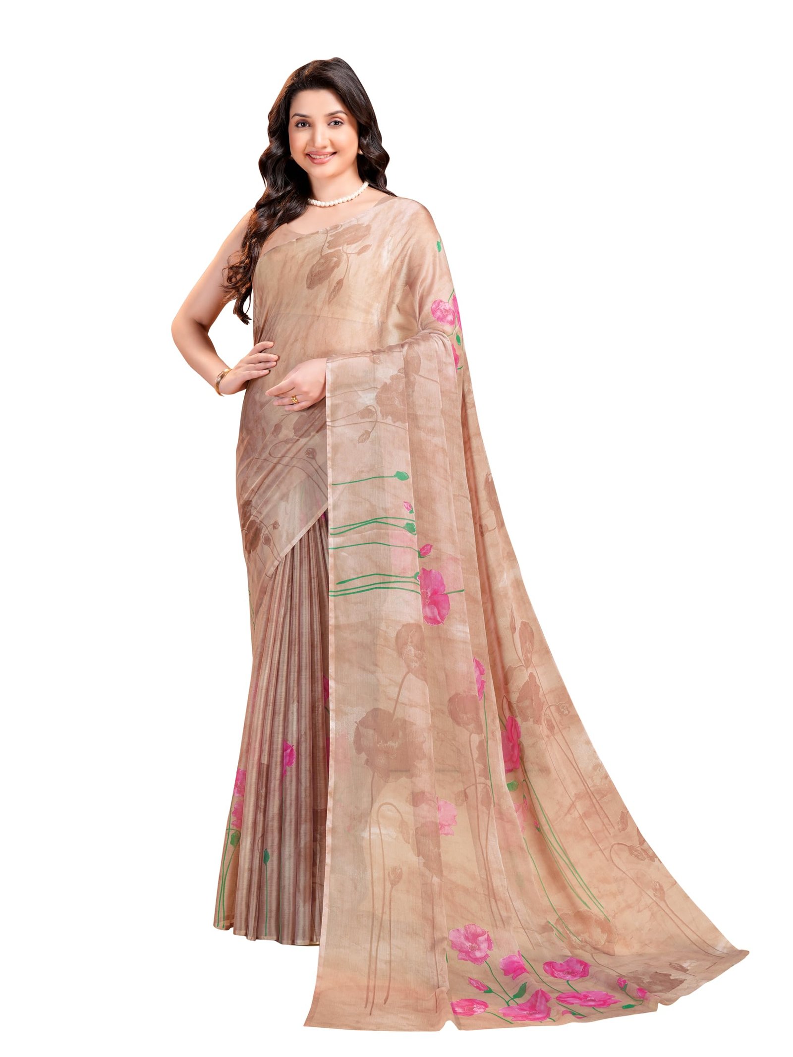 Garden Vareli Floral Print Chiffon Saree 88768 - Brown dress material - Shoppermaart