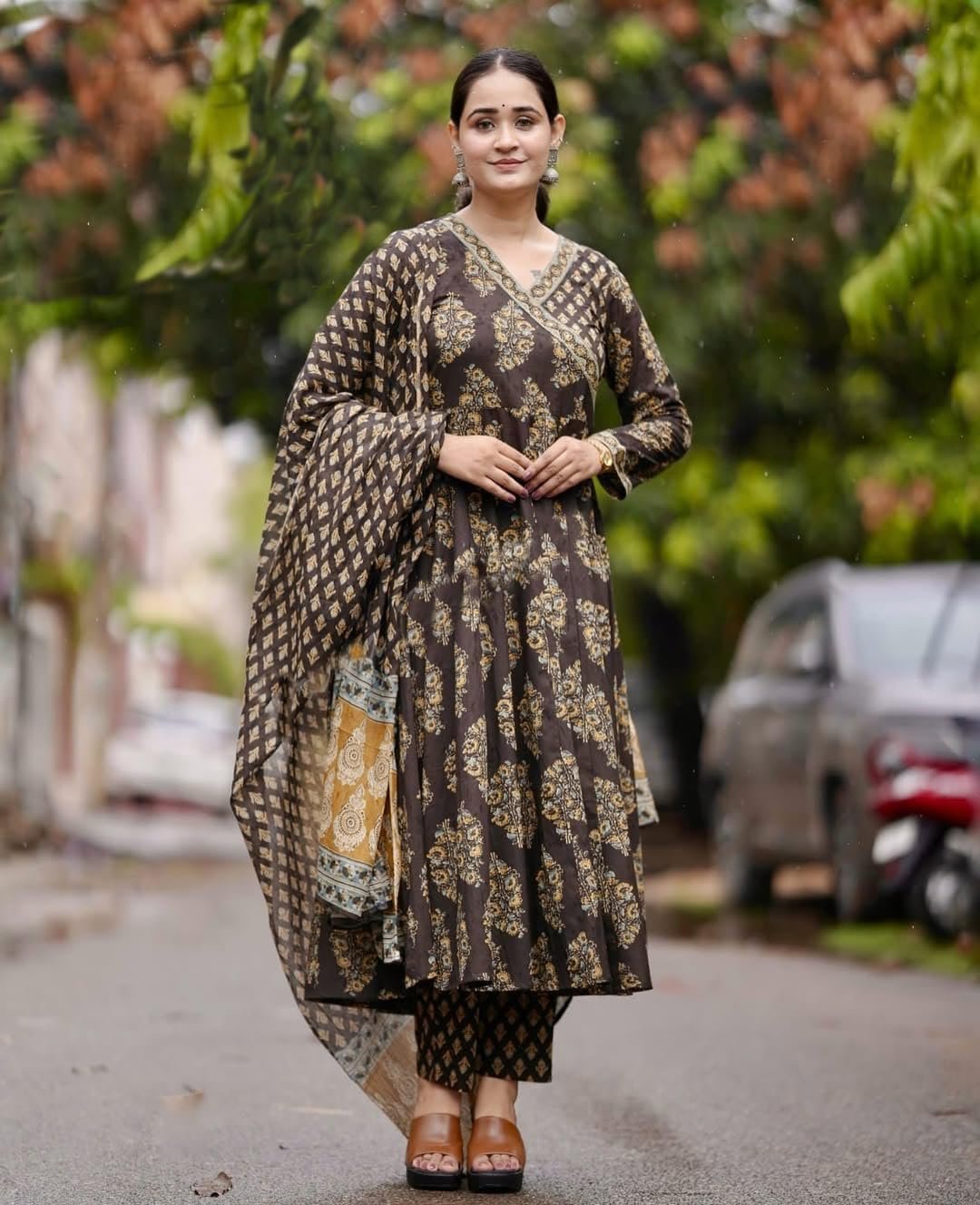 Nermosa Women Printed Angarakha Flared Kurta and Pant Set with Dupatta (IN, Alpha, S, Brown) - Image 3