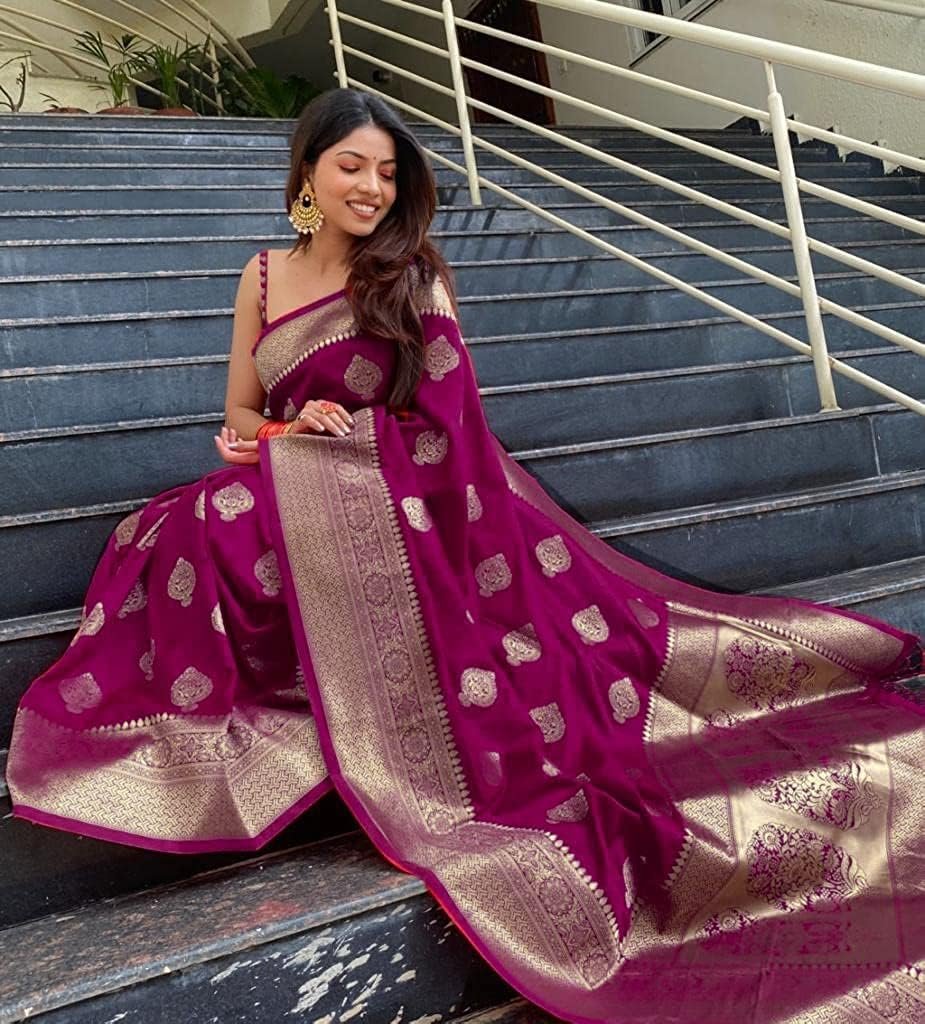 C J Enterprise Women's Banarasi Silk Saree Pure Soft Kanjivaram Sari Party Design Wear Pattu Sarees Latest Cotton With Blouse Piece For Wedding Sadi New Ladies 2026 500 collection 1000 (Pari122 Wine) - Image 3