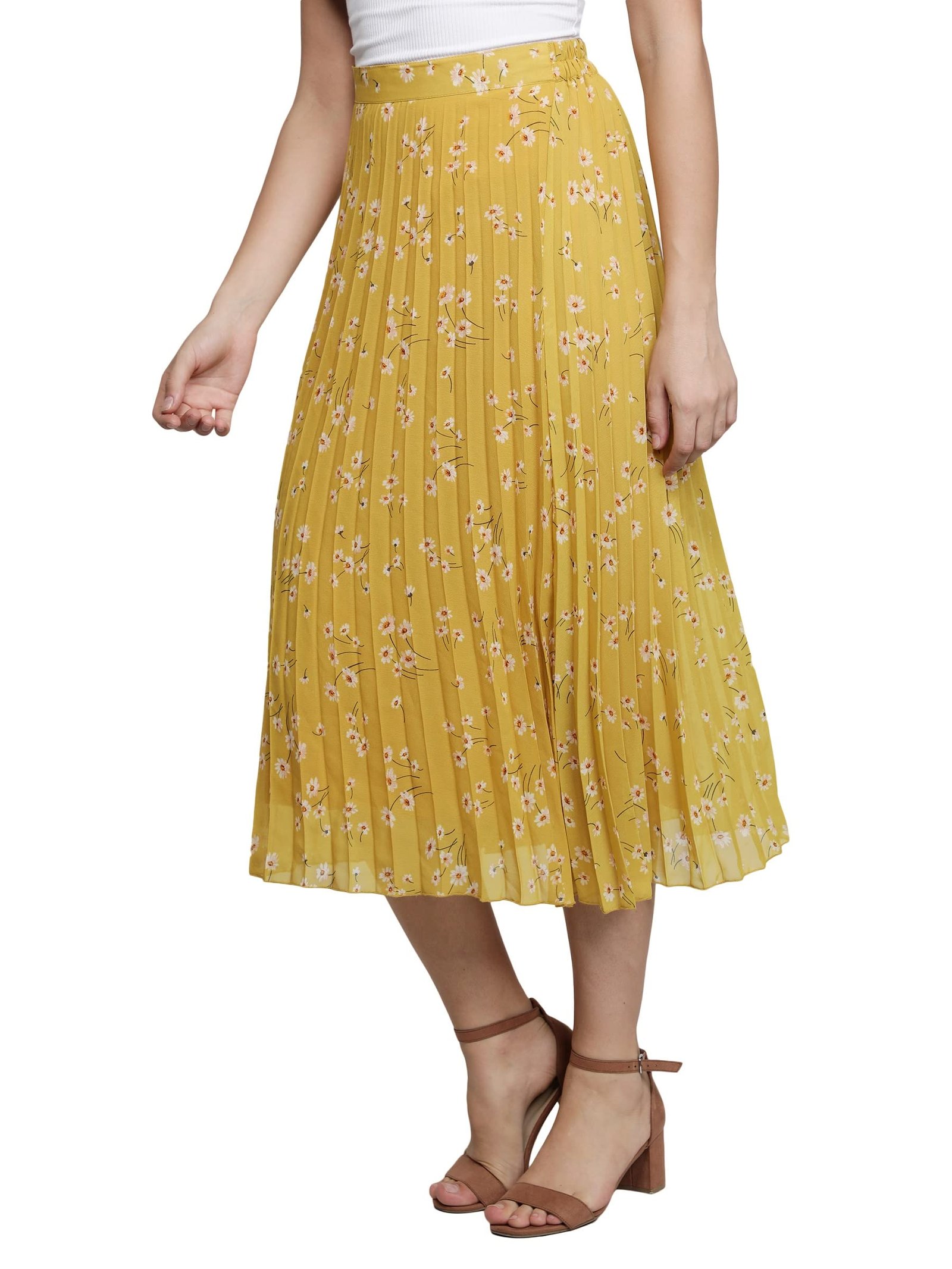 NUEVOSDAMAS Women Floral Printed Skirt | Stylish A- Line Pleated Skirt | Party Casual Calf Length Skirt (Large, Pleated Yellow) - Image 5