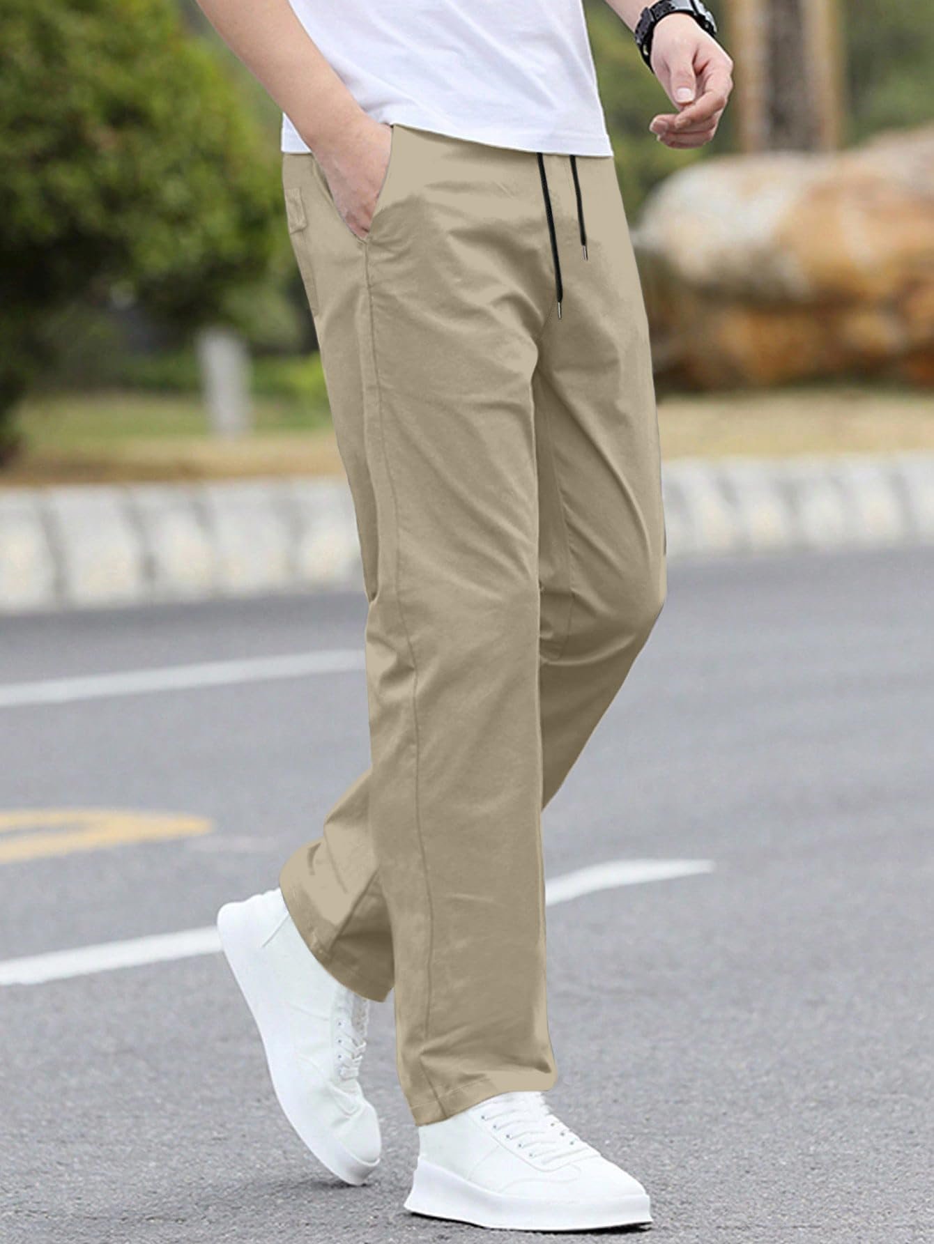 Aahwan Men's Mid Rise Solid Drawstring Relaxed Fit Straight Leg Pants (283-Khaki-34) - Image 7