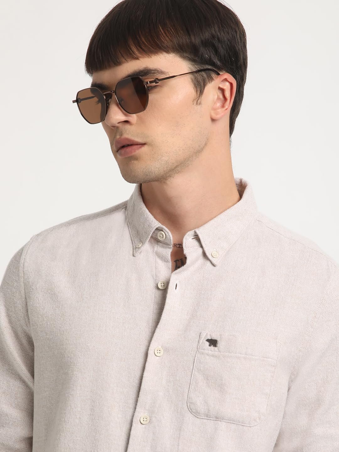 THE BEAR HOUSE Men's Cotton Solid Slim Fit Flannel Casual Shirt Cream - Image 5