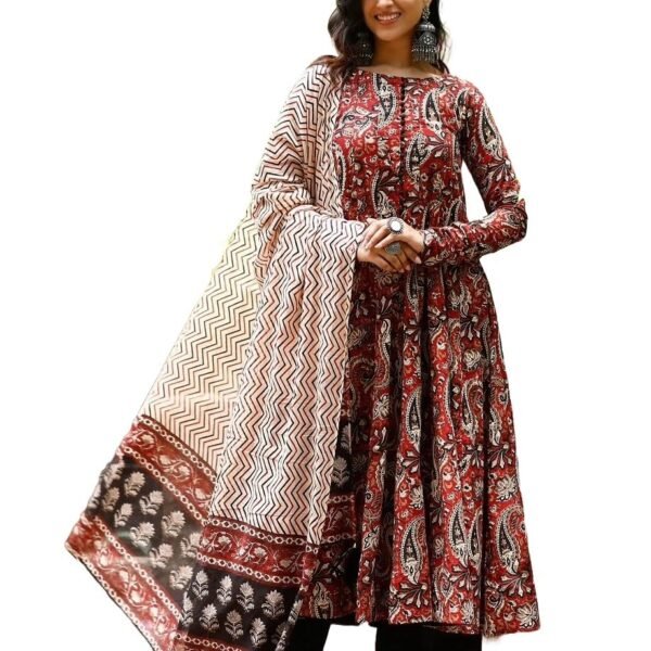 Nermosa Women Printed Anarkali Kurta and Pant Set with Dupatta (in, Alpha, S, Maroon) dress material - Shoppermaart