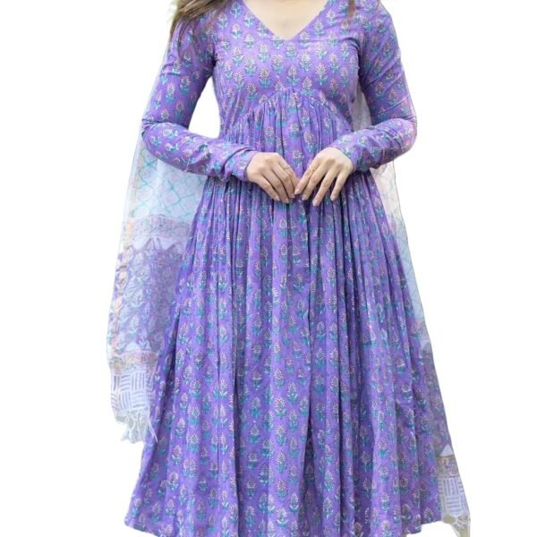 Nermosa Women Printed Anarkali Kurta and Pant Set with Dupatta (in, Alpha, XL, Purple) dress material - Shoppermaart