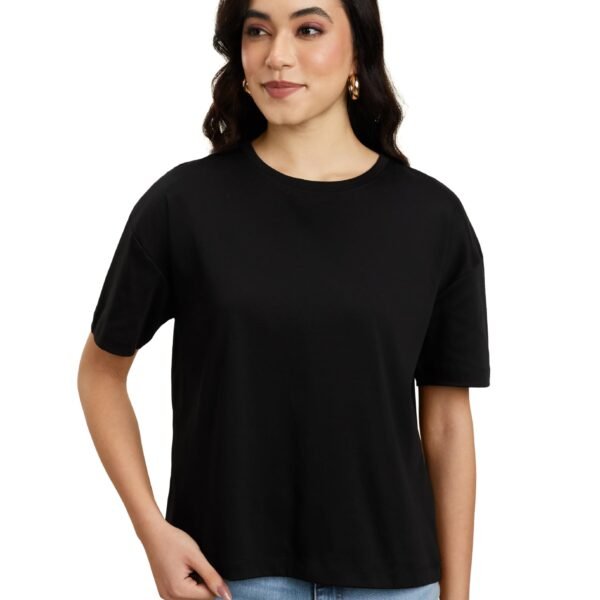 Symbol Premium Women's Super Soft Cotton Round Neck Solid T-Shirt (Stylish | Oversized Fit) (SBP-SS25-WTE-170_Black M) dress material - Shoppermaart