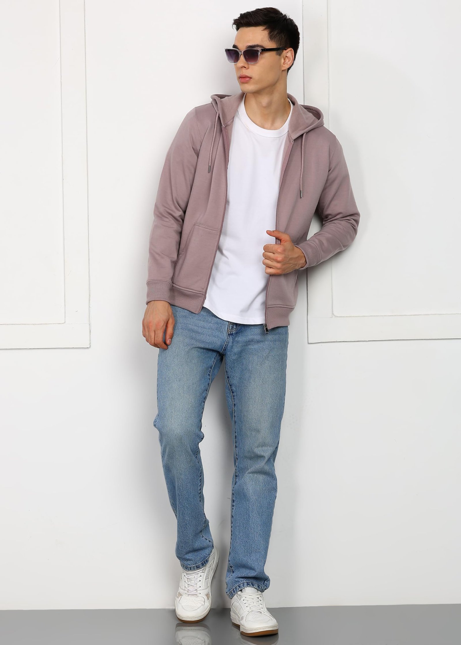 Alan Jones Clothing Men’s Solid Hooded Sweatshirt | Zip-Up Hoodie Jacket with Kangaroo Pocket, Drawstring Hood & Ribbed Hem | Casual Winterwear (Light Purple_XL) - Image 5