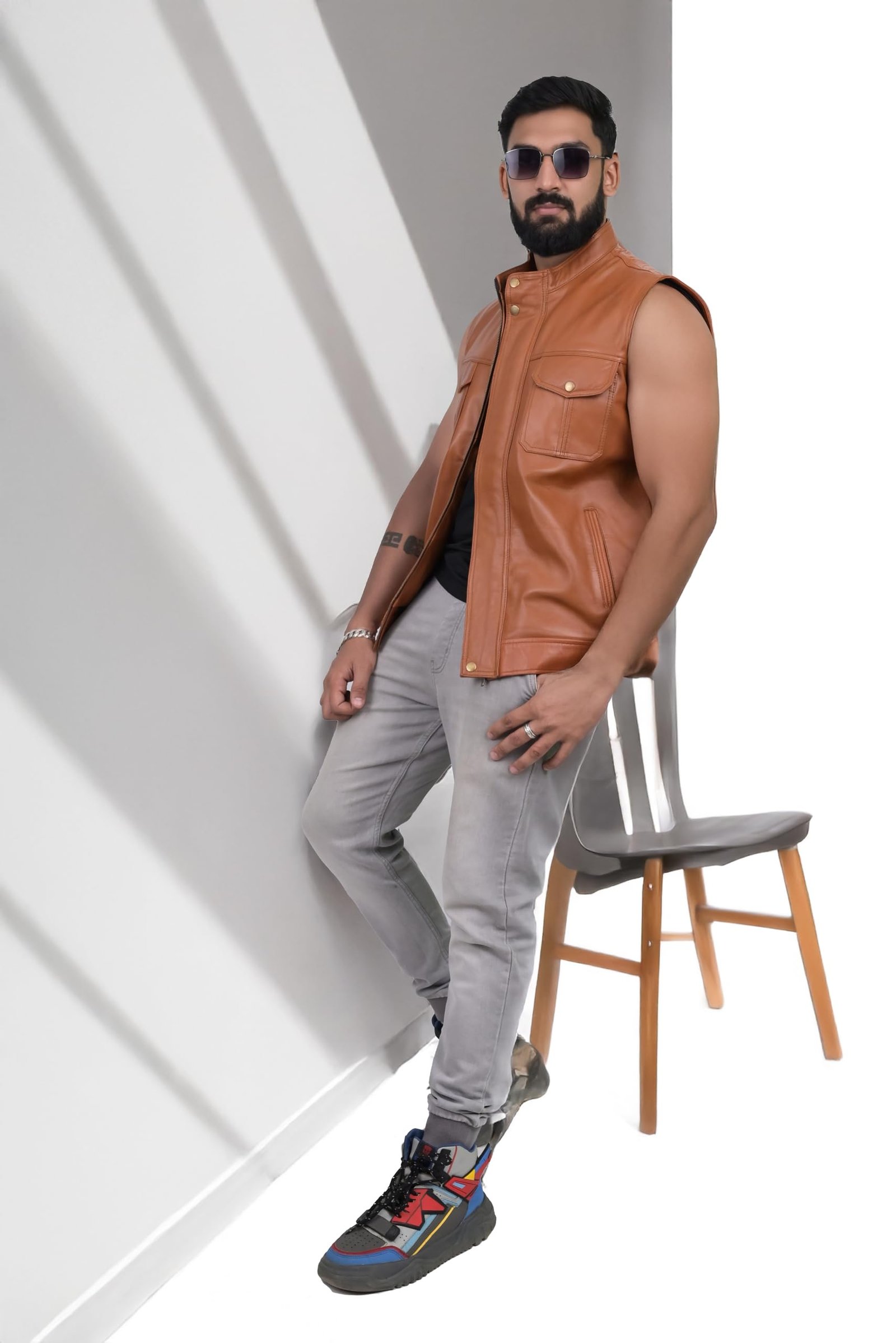 Leather Sleeveless Jacket For Man, Slim Fit Biker Jacket With Quilted Soldier for Men with Zip Closure and Side Pockets, Stylish Winter Wear Casual Outerwear for Men (Tan, FHJKT038_XL) - Image 3