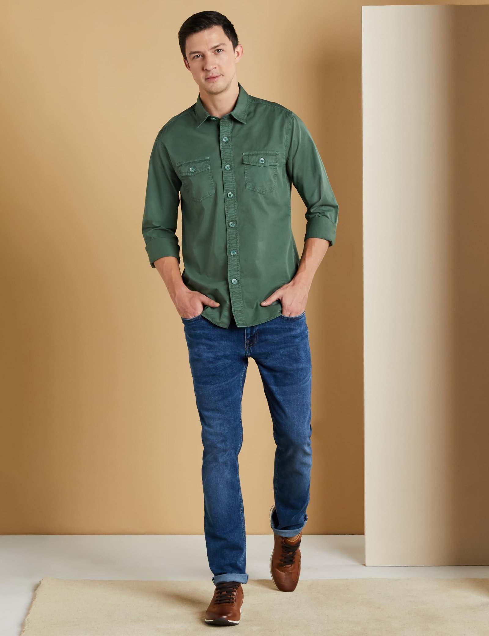 Symbol Premium Men's Casual Washed Cotton Twill Shirt (Regular Fit) (Green_Small) - Image 5