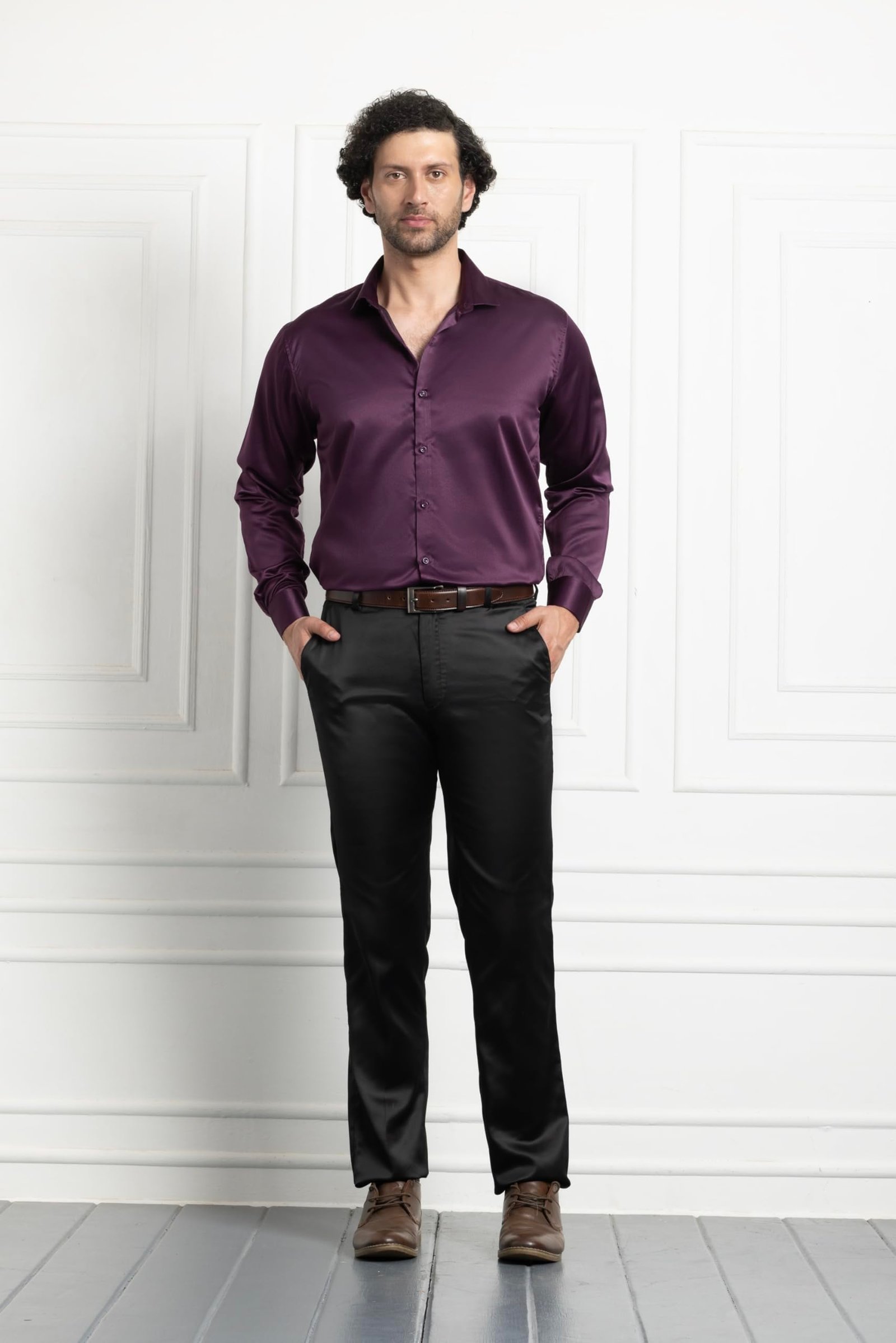 CVC Mens Satin Regular Fit Formal Shirt. Wine Purple-L