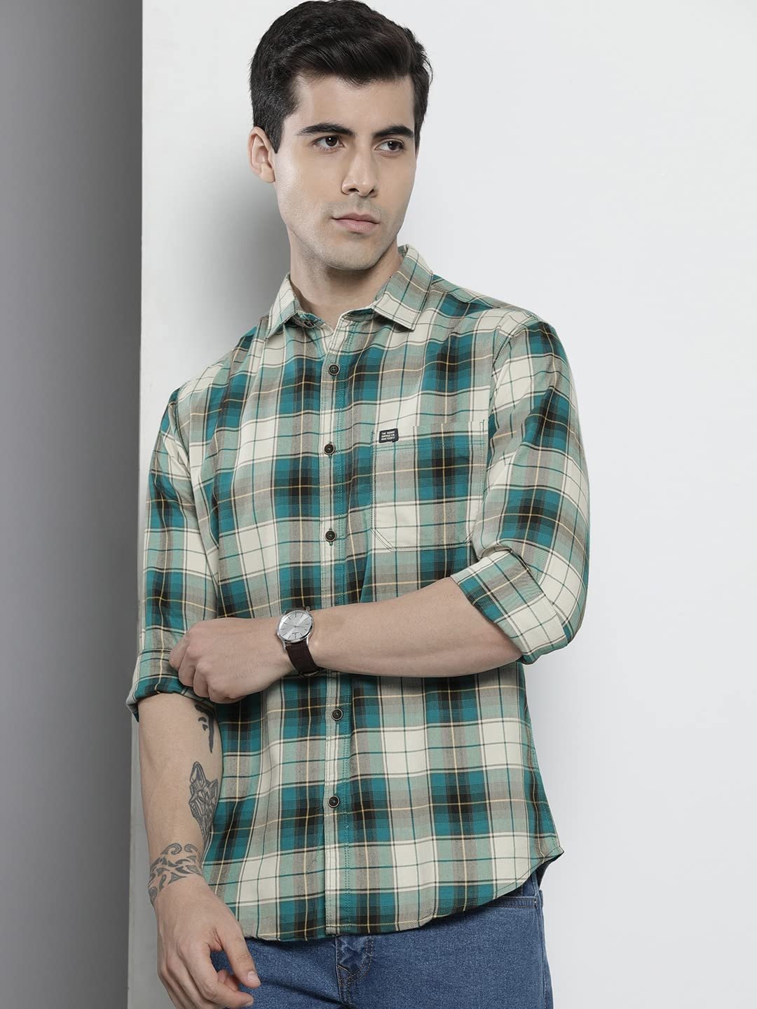 The Indian Garage Co Men Green & White Checkered Slim Fit Casual Shirt - Image 3