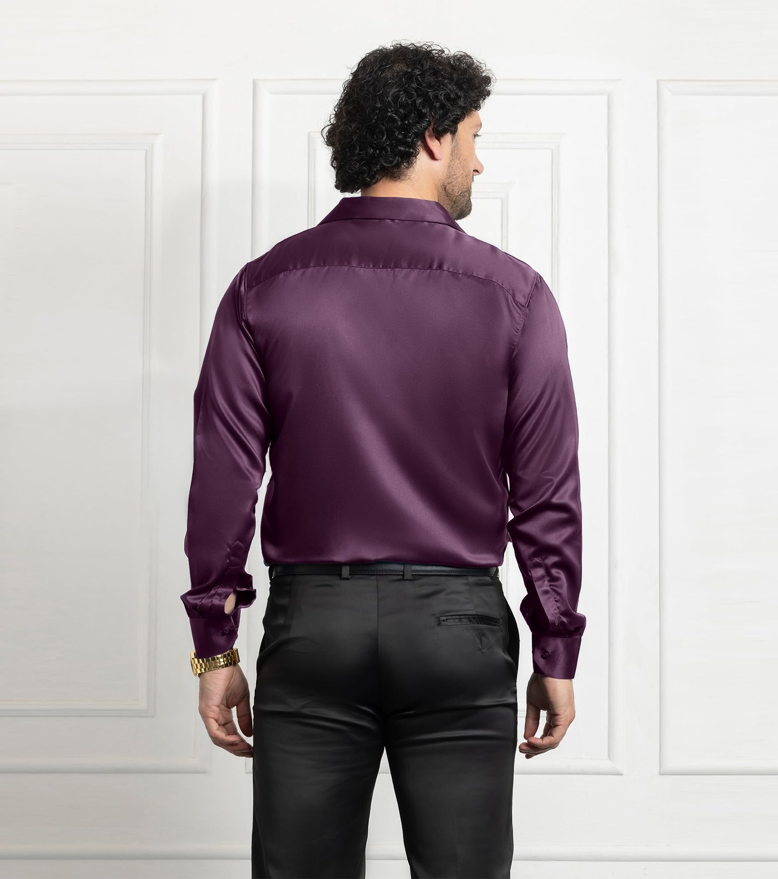 CVC Mens Satin Regular Fit Formal Shirt. Wine Purple-L - Image 8
