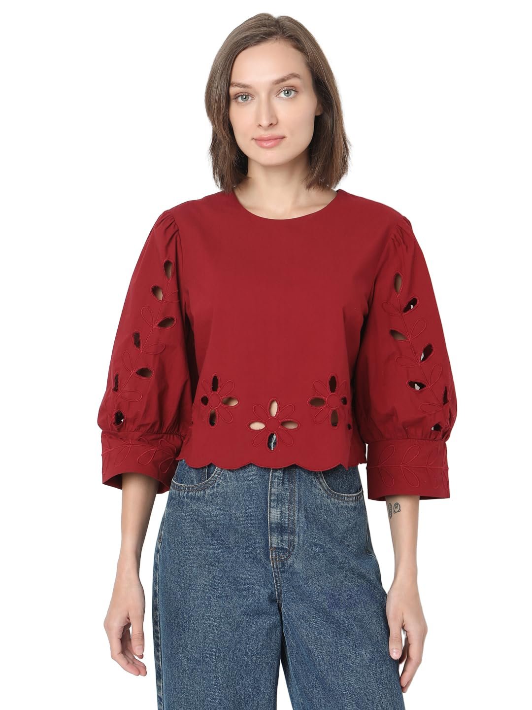 VERO MODA Women's Regular Fit Maroon Top dress material - Shoppermaart