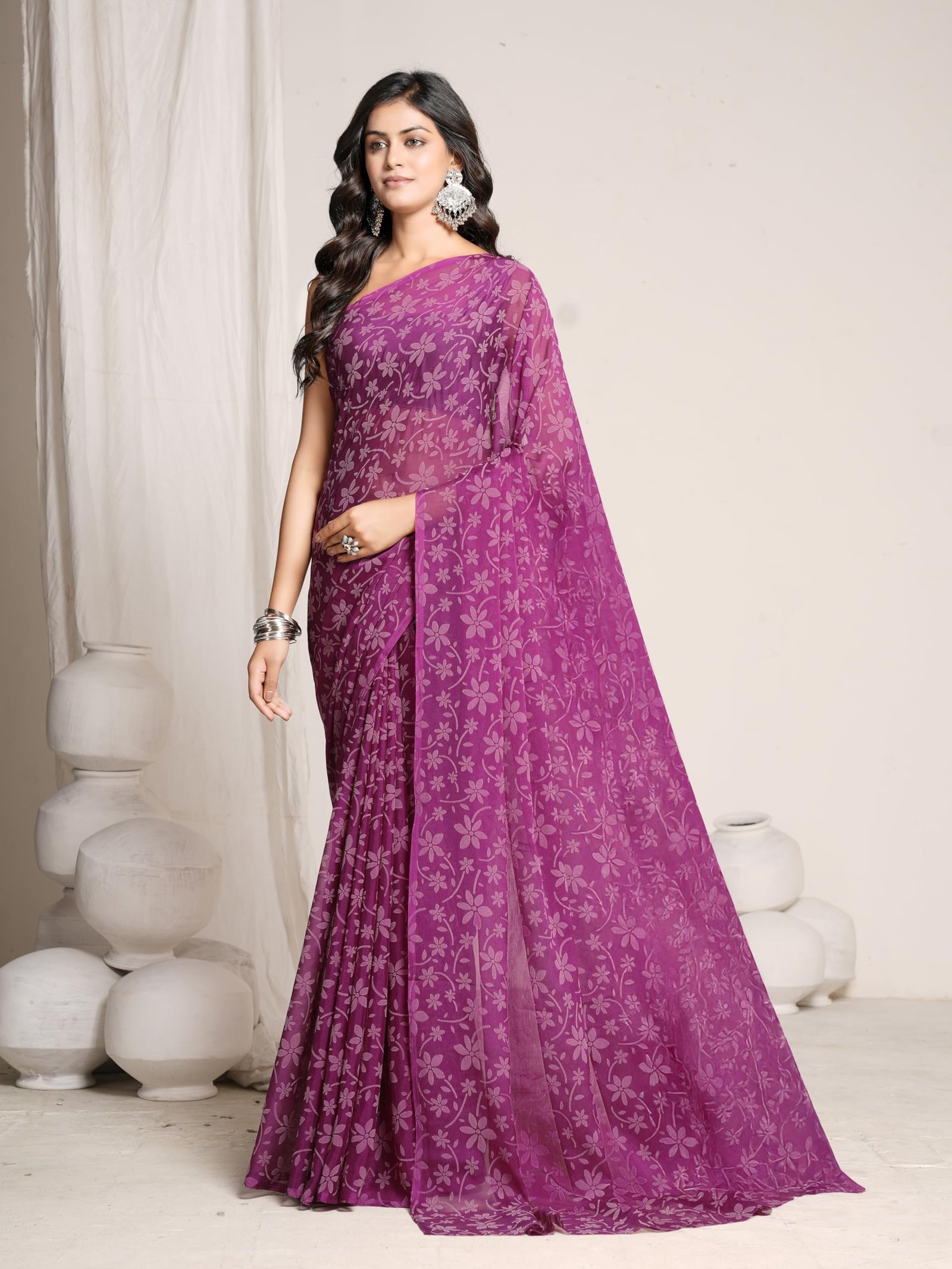Garden Vareli Lock Chiffon Viscose Brasso Floral Saree - Magenta - Image 3