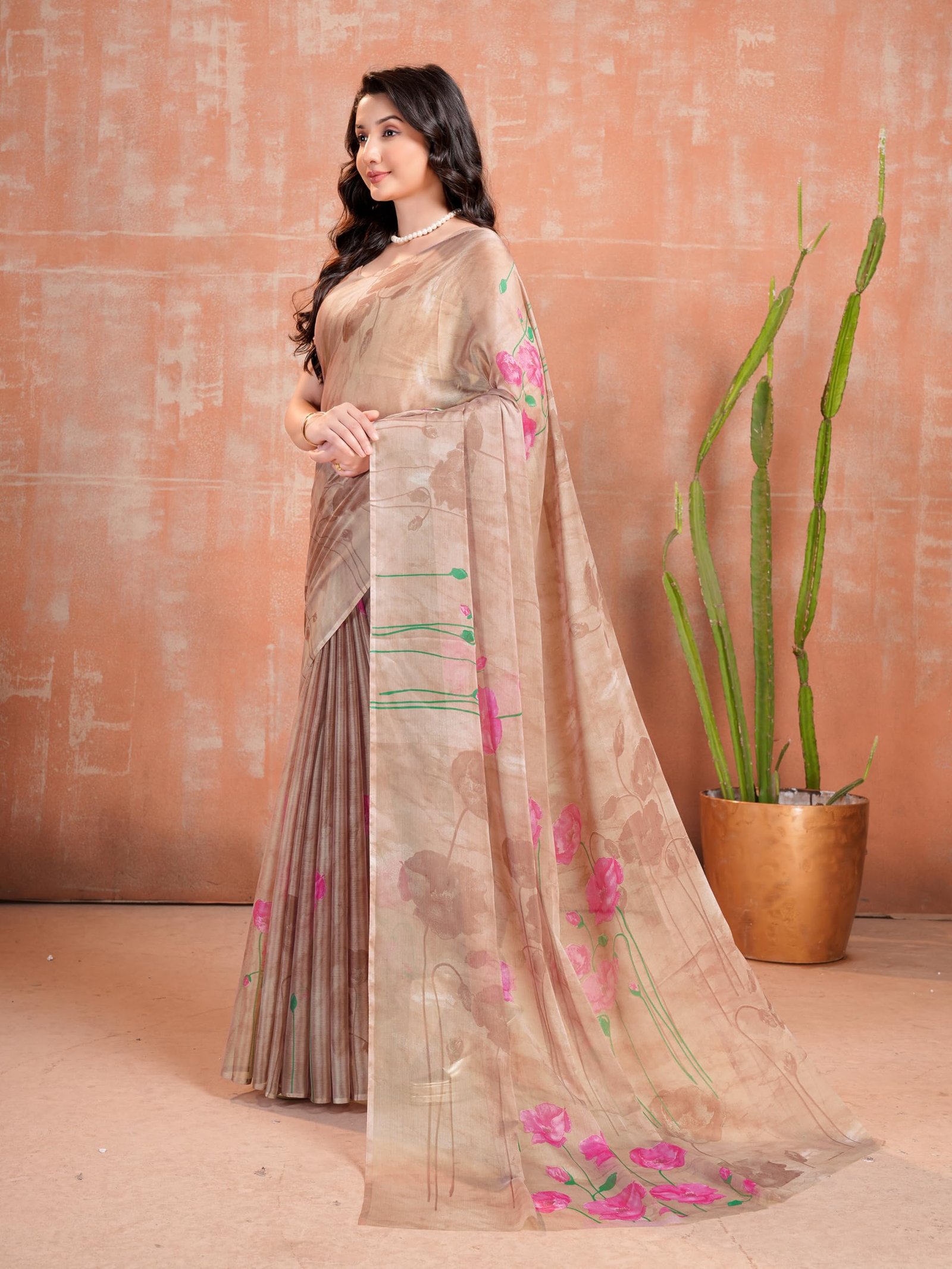 Garden Vareli Floral Print Chiffon Saree 88768 - Brown - Image 6