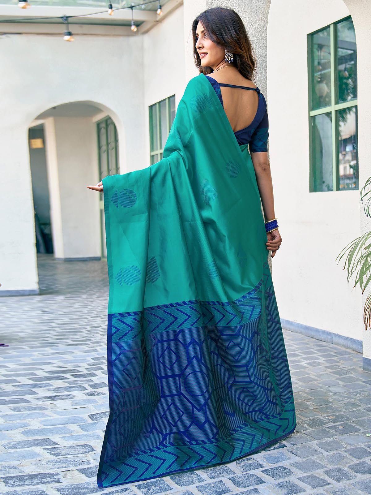 SAMAH Women's Banarasi Silk Jacquard Saree with Unstitched Blouse Piece (3697S120N_Teal Green2) - Image 3