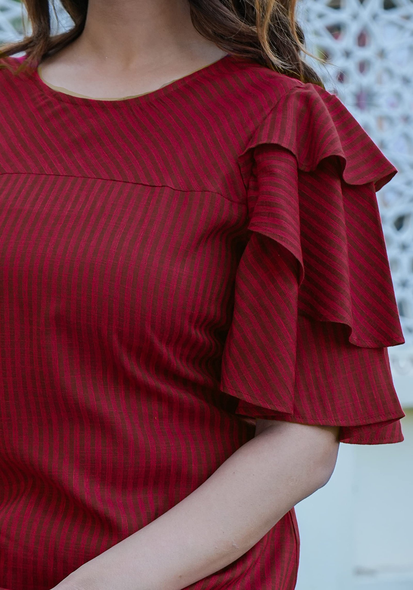 Yash Gallery Women's Viscose Rayon Stripe Printed Regular Fit Straight Top for Women (L, Maroon) - Image 3