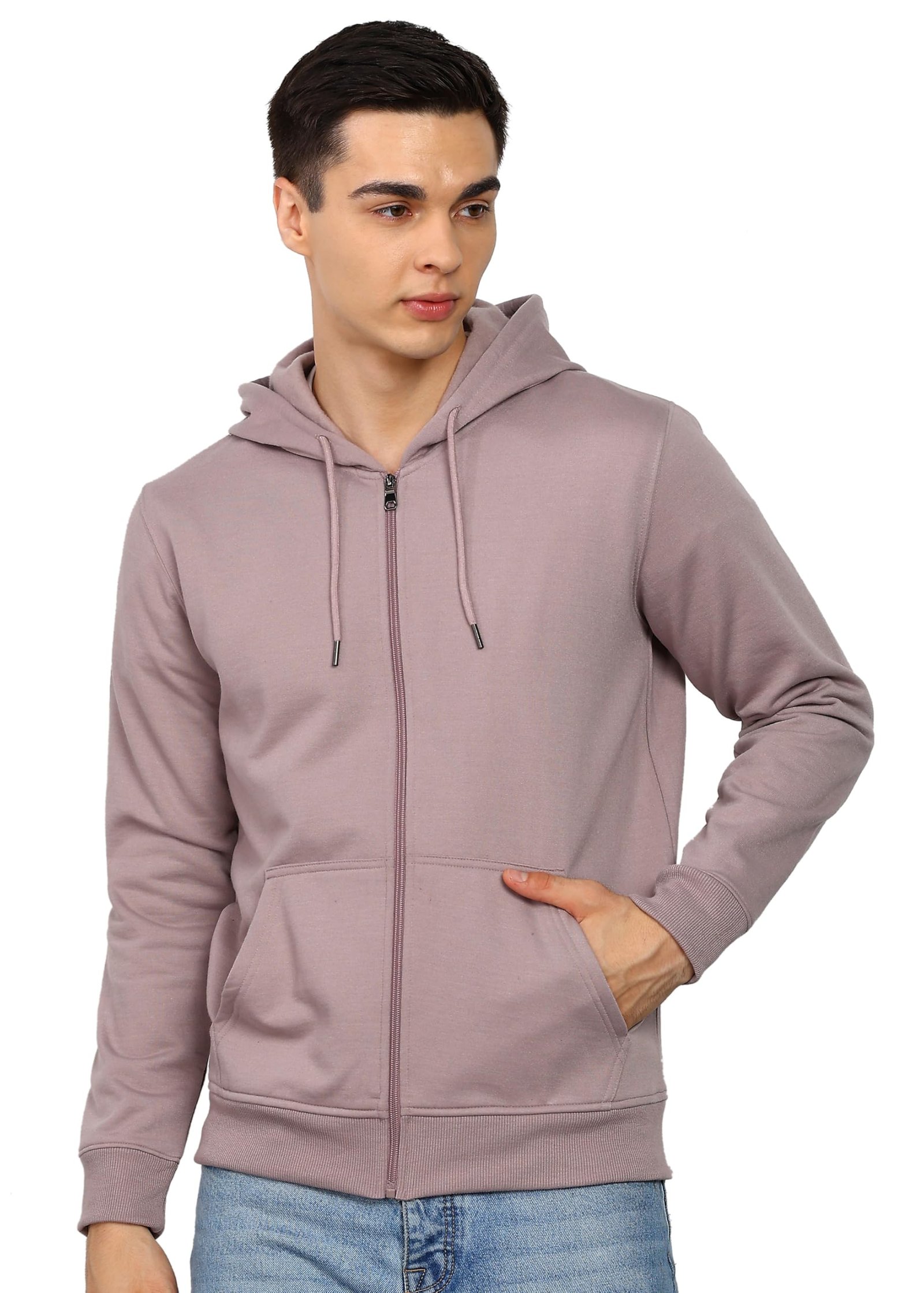 Alan Jones Clothing Men’s Solid Hooded Sweatshirt | Zip-Up Hoodie Jacket with Kangaroo Pocket, Drawstring Hood & Ribbed Hem | Casual Winterwear (Light Purple_XL) dress material - Shoppermaart