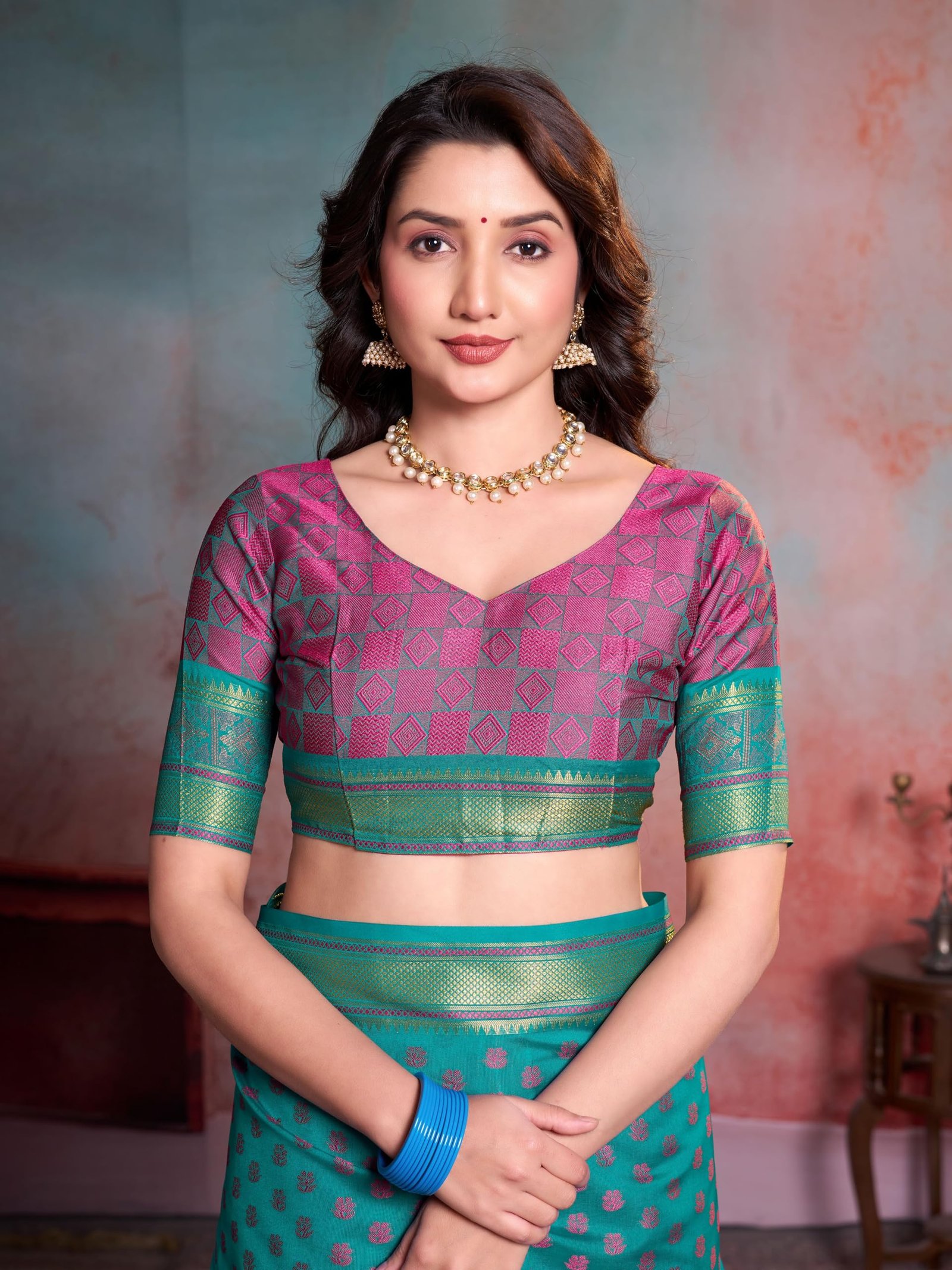 Garden Vareli Women Jacquard Silk Blend Saree with Unstitched Blouse Piece 1032 - Teal - Image 3